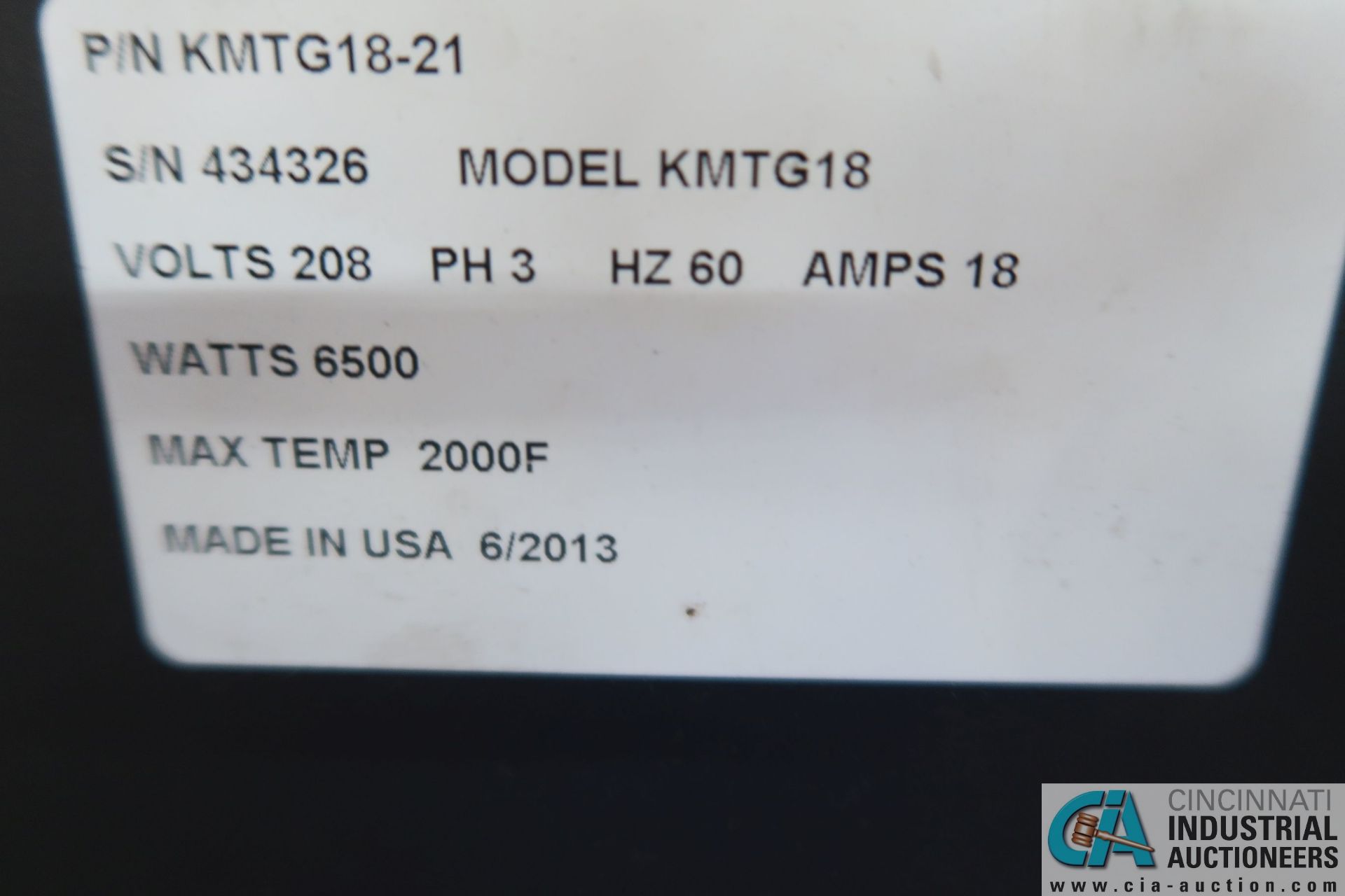 KNIGHT MODEL KMTG18 ELECTRIC FURNACE; S/N 434326, MAX TEMPERATURE: 2,000 DEGREE FAHRENHEIT - Image 7 of 9