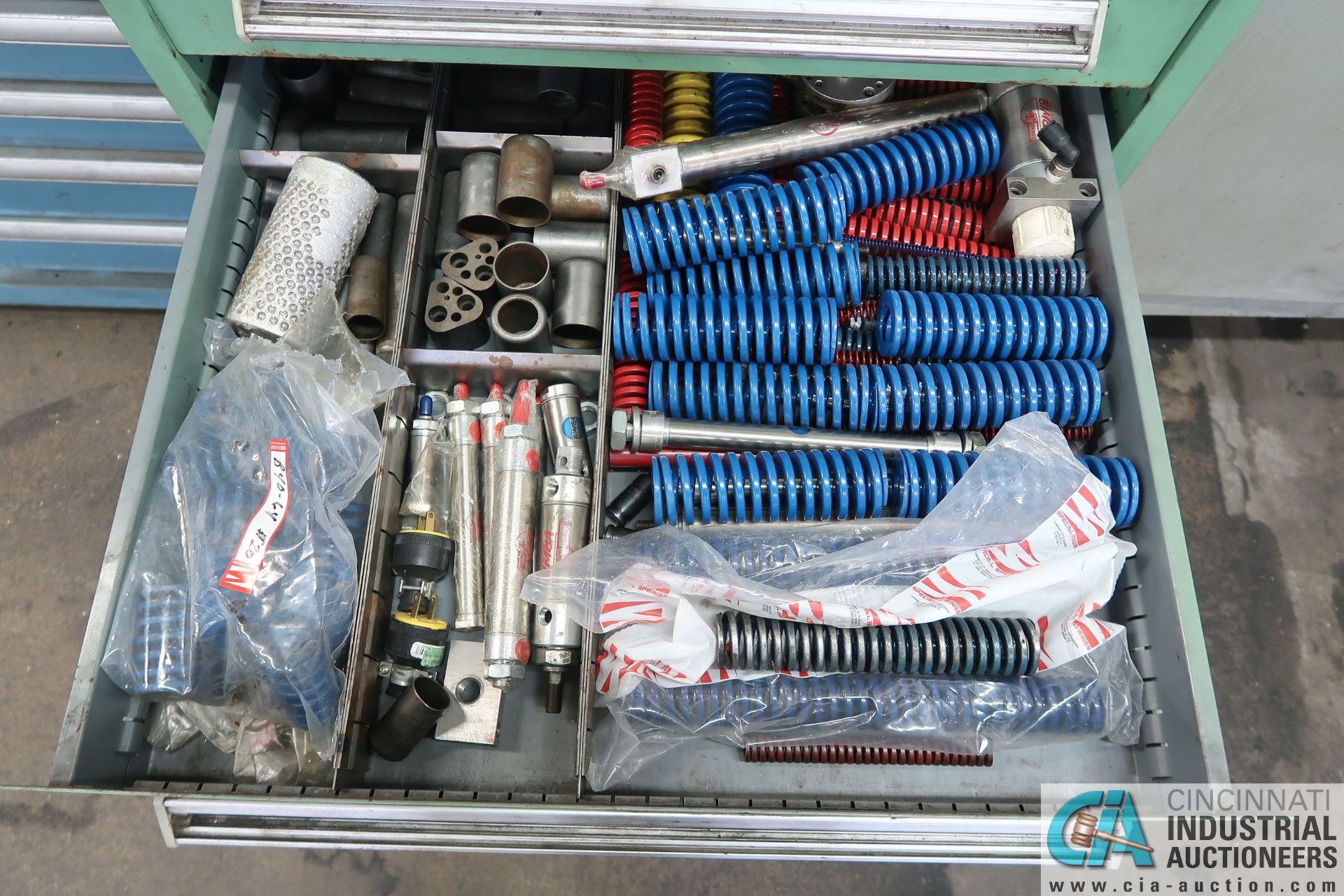 SEVEN-DRAWER TOOLING CABINET W/ CONTENTS (RIVETS, HARDWARE, PINS, TOOLS, DIE, SPRINGS, & OTHER - Image 8 of 9