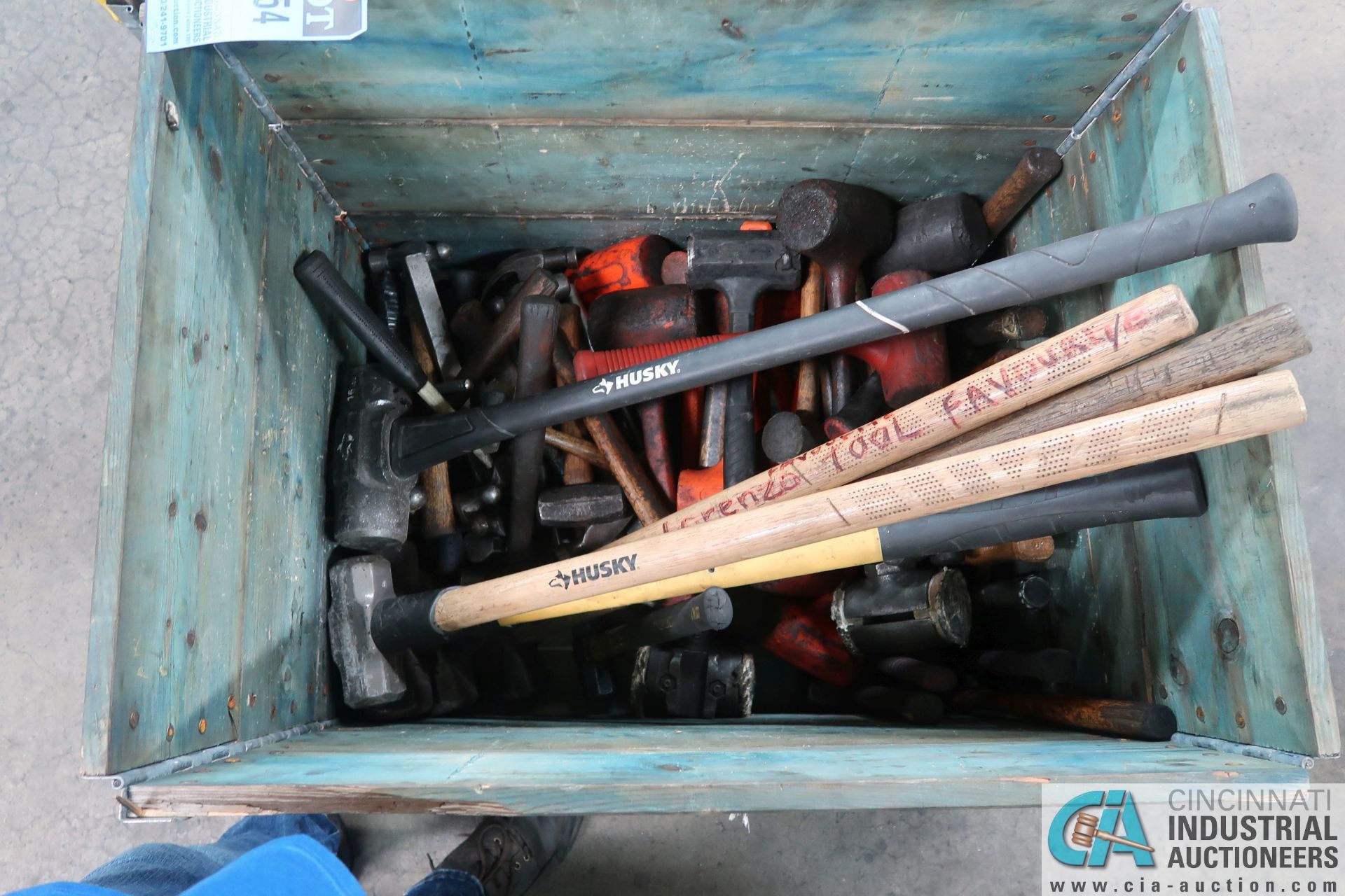 (LOT) WOOD CRATE W/ SLEDGE HAMMERS & MALLETS