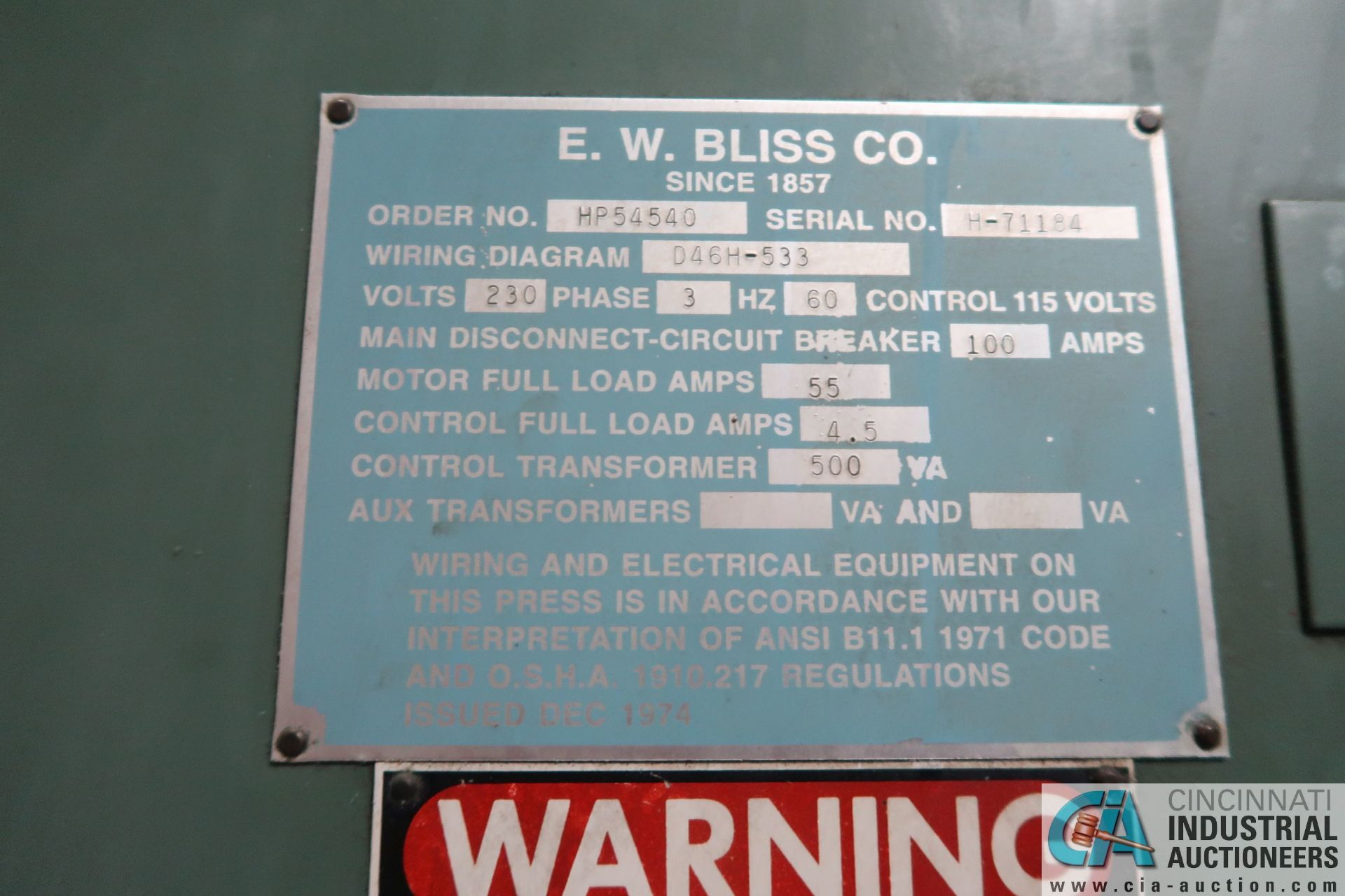 110 TON BLISS MODEL C-110 OBI PRESS; S/N H-71184, 8" STROKE, 17" SHUT HEIGHT, 4" ADJ., 40 SPM, 27" X - Image 5 of 13