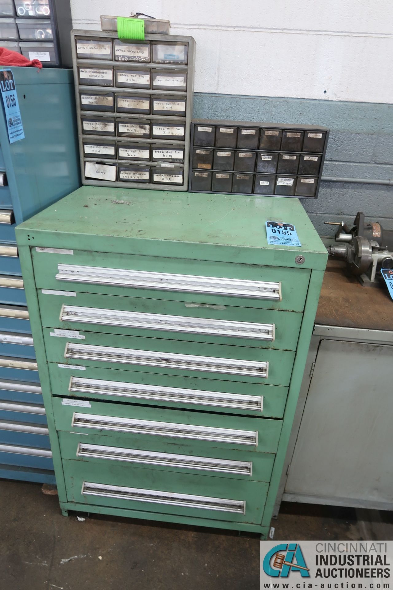 SEVEN-DRAWER TOOLING CABINET W/ CONTENTS (RIVETS, HARDWARE, PINS, TOOLS, DIE, SPRINGS, & OTHER