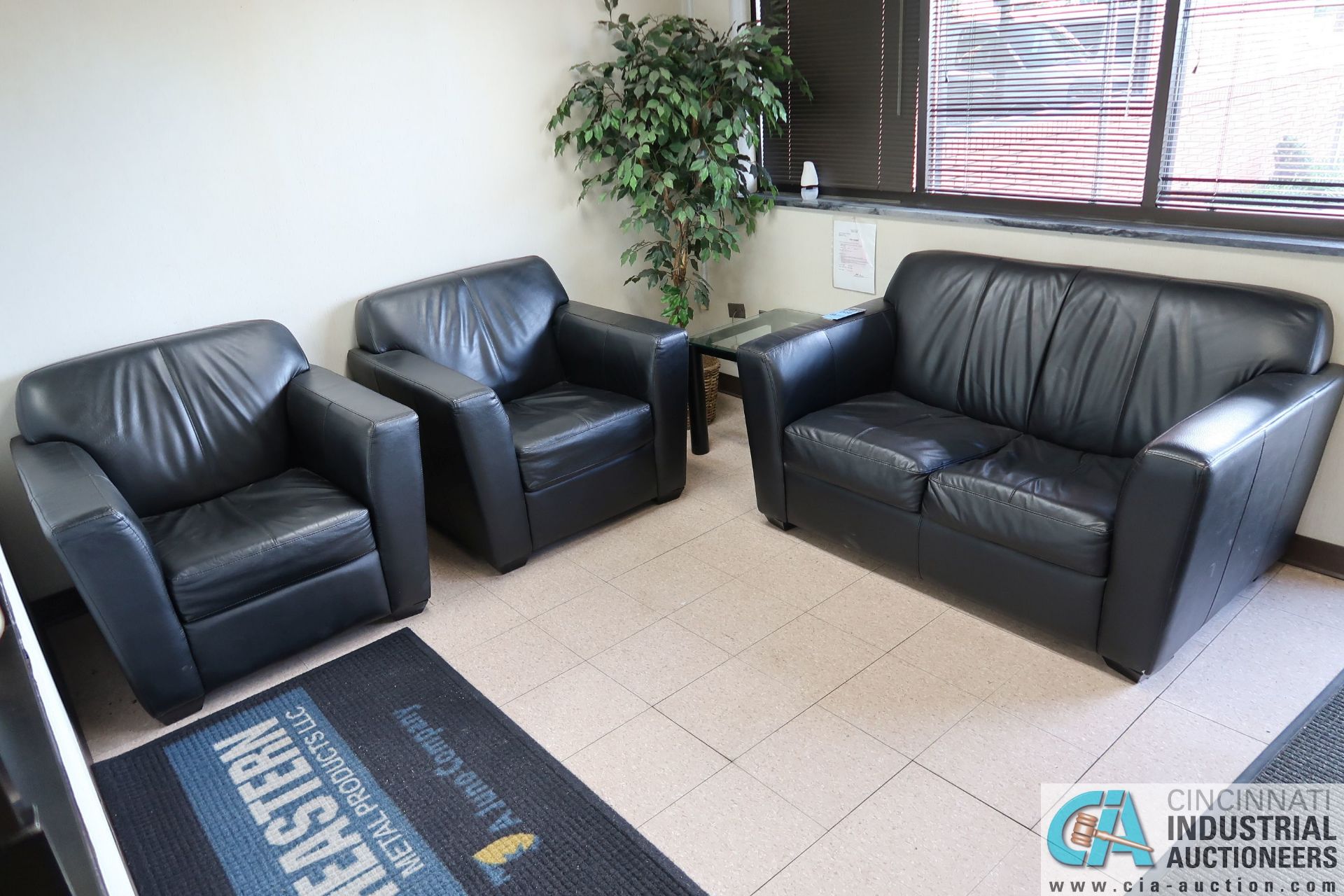 (LOT) LOBBY FURNITURE INCLUDING LEATHER LOVE SEAT, (2) LEATHER CHAIRS, TABLE & PLANTER