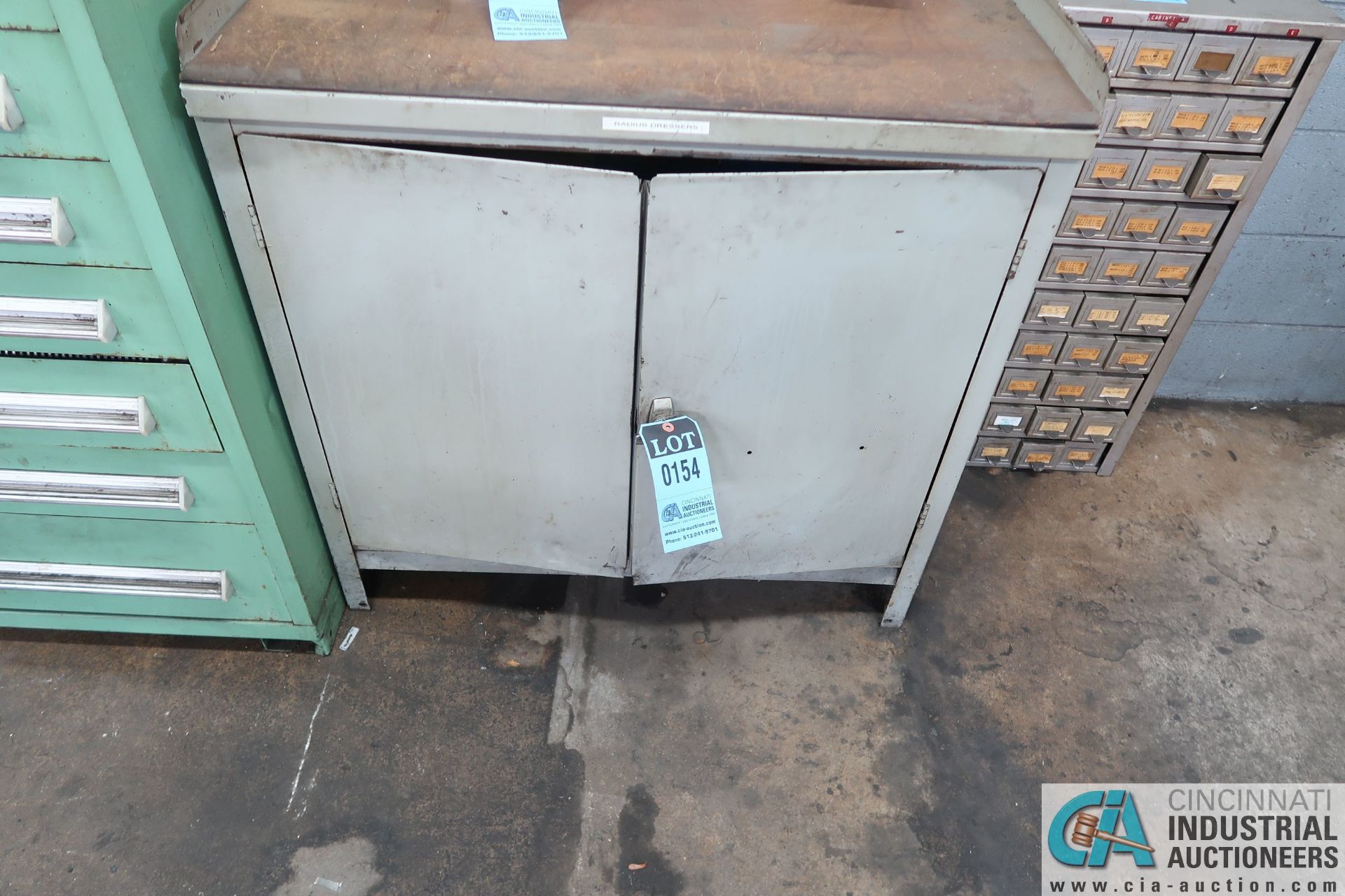 (LOT) TWO-DOOR CABINET W/ ABRASIVES & 50-COMPARTMENT CABINET W/ PUNCHES