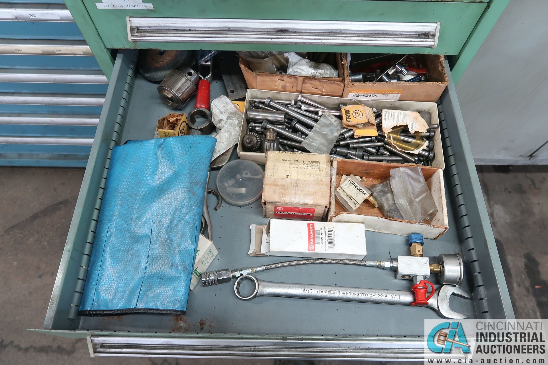 SEVEN-DRAWER TOOLING CABINET W/ CONTENTS (RIVETS, HARDWARE, PINS, TOOLS, DIE, SPRINGS, & OTHER - Image 7 of 9