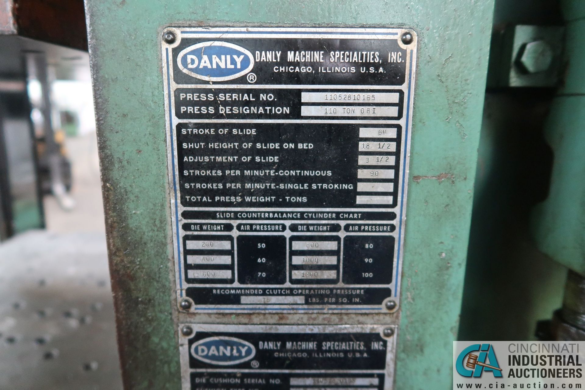 110 TON DANLY OBI PRESS; S/N 110528810165, 6" STROKE, 18-1/2" SHUT HEIGHT, 3-1/2" ADJ., 90 SPM, - Image 15 of 16