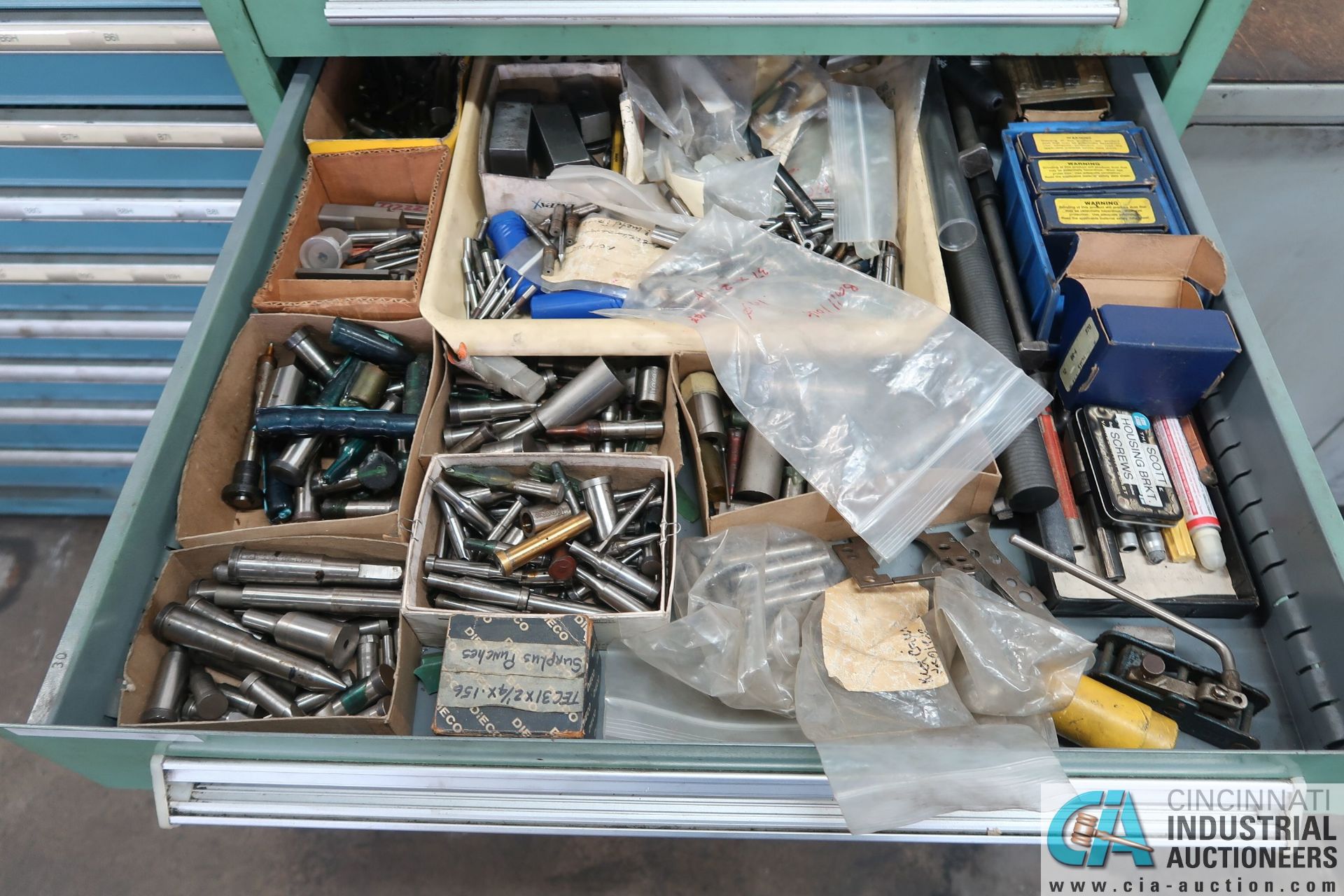 SEVEN-DRAWER TOOLING CABINET W/ CONTENTS (RIVETS, HARDWARE, PINS, TOOLS, DIE, SPRINGS, & OTHER - Image 5 of 9