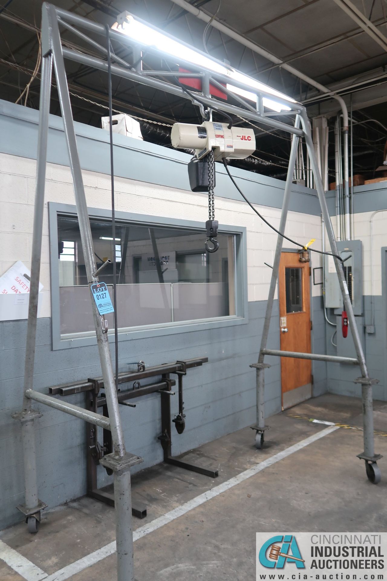 4,000 LB. PORTABLE A-FRAME GANTRY CRANE W/ 2 TON COFFING HOIST, SINGLE PHASE, 110-VOLT, 8' WIDE