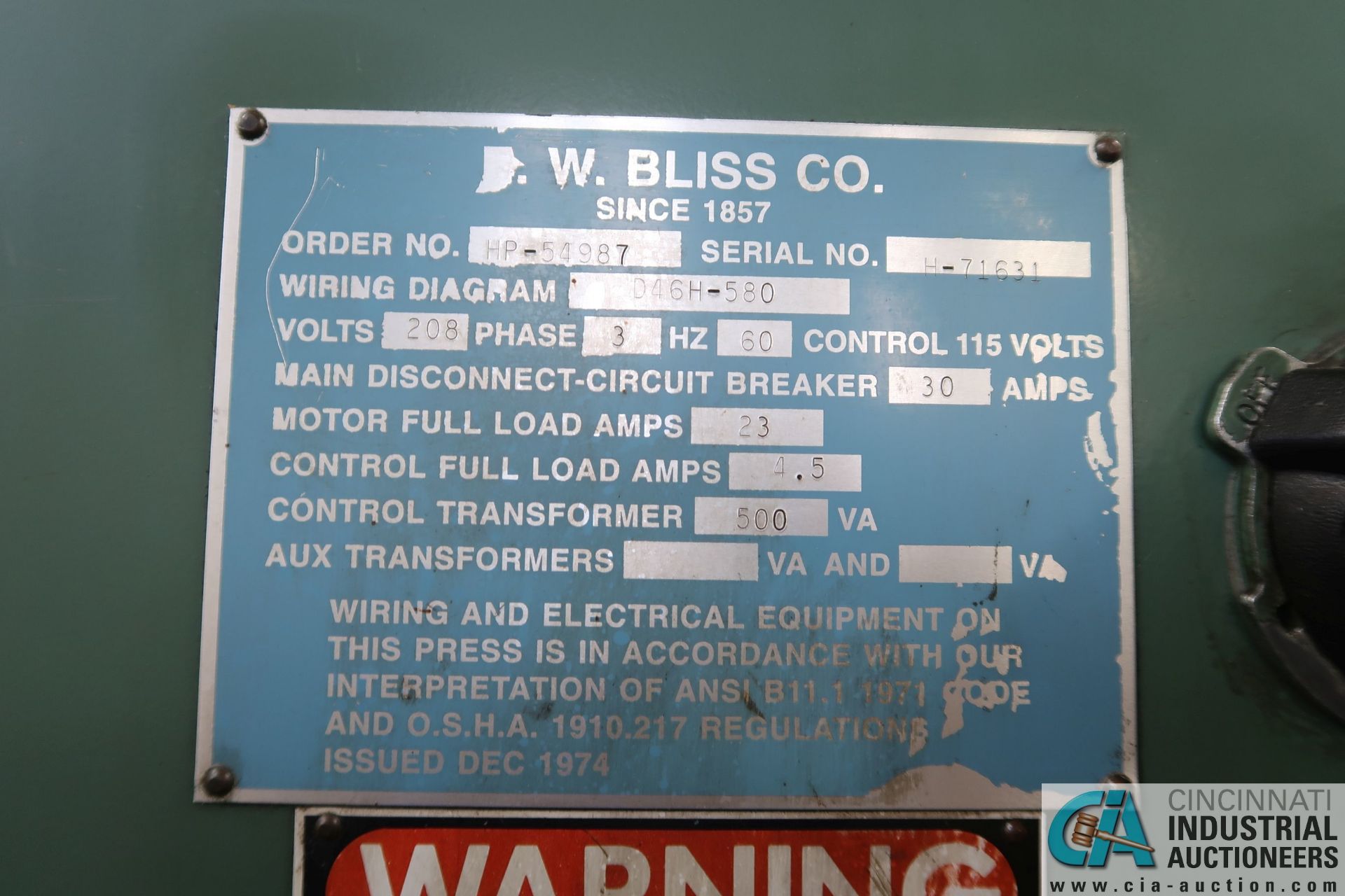 35 TON BLISS MODEL C-35 OBI PRSS; S/N 71631, 3" STROKE, 2-1/2" ADJ., 10-3/4" SHUT HEIGHT - Image 9 of 13