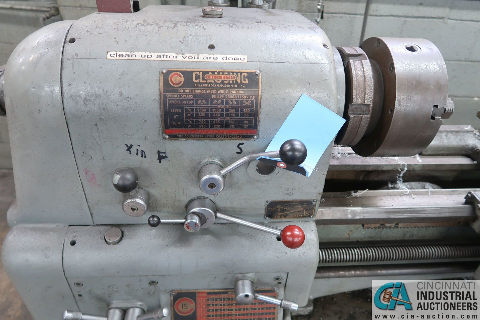 16" X 40" CLAUSING LATHE; S/N F4-60630, 37 - 1500 RPM, 9" 3-JAW CHUCK, TAILSTOCK, 1-1/4" SPINDLE - Image 2 of 10