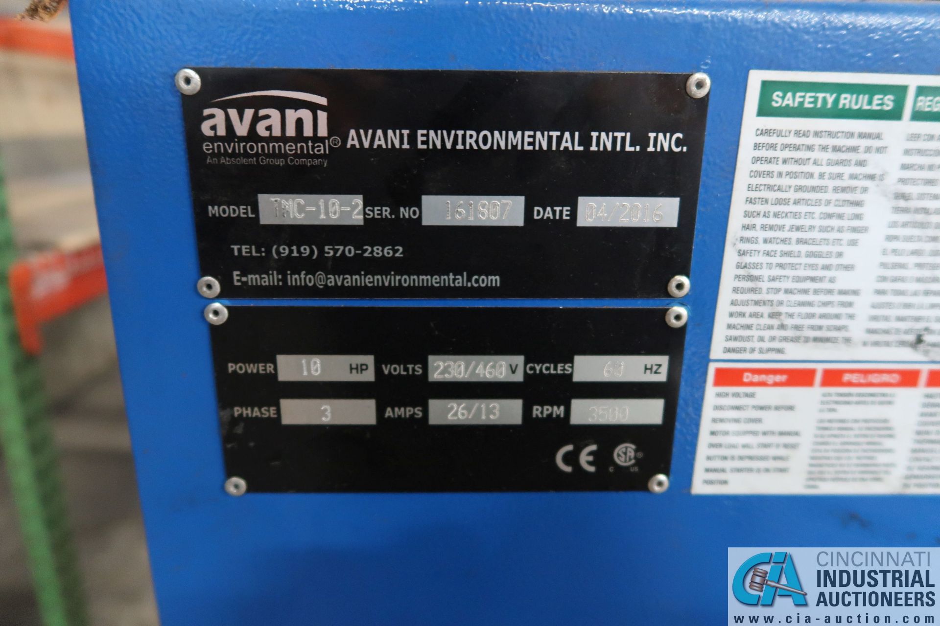 AVANI MODEL TMC-10-2 DUST COLLECTOR; S/N 161807, 10-HP (2016) - Image 2 of 3