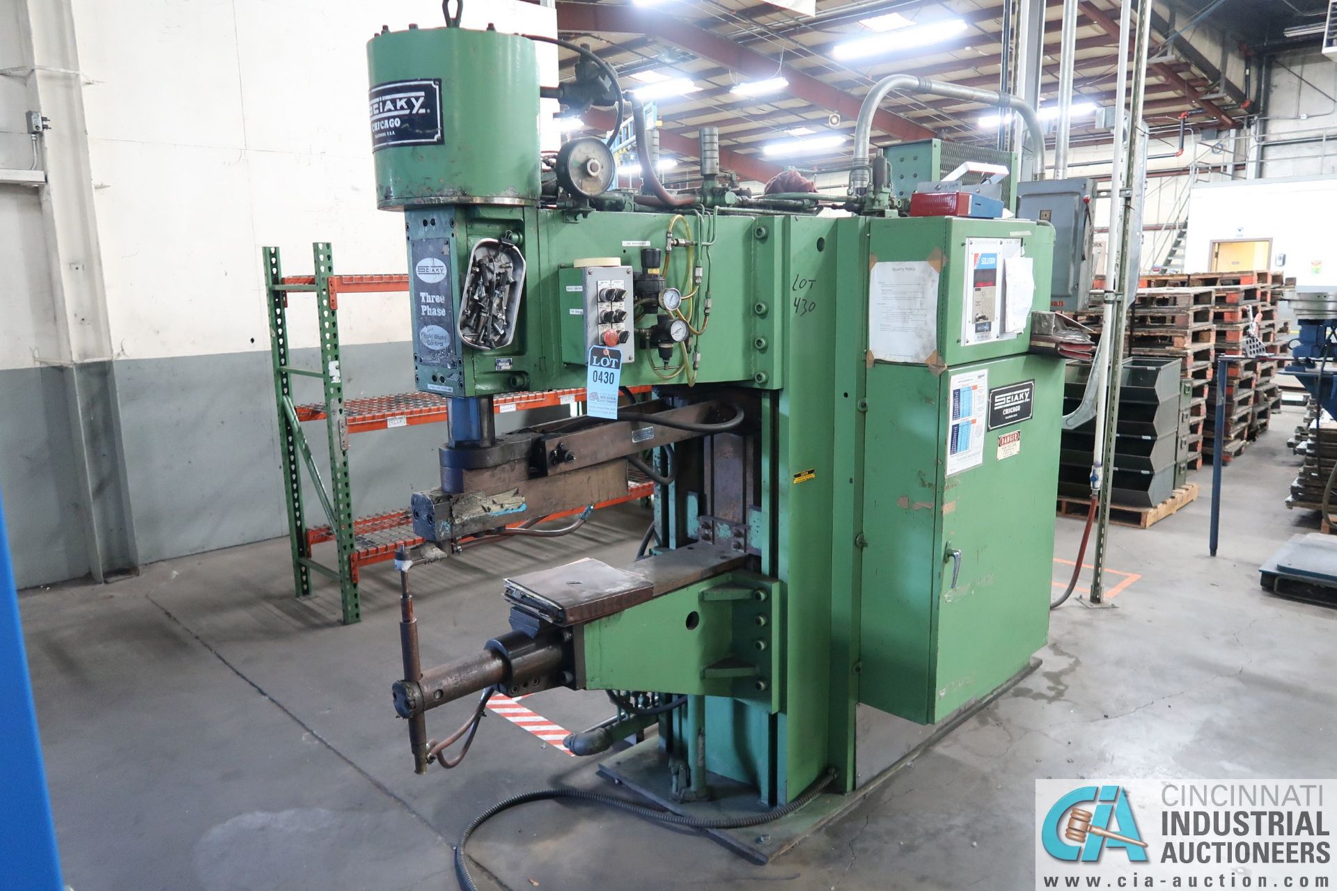 150 KVA SCIAKY MODEL PMC-35TM2-50-36 SPOT WELDER; S/N 11019, 42" THROAT, SOLID STATE CONTROLS,