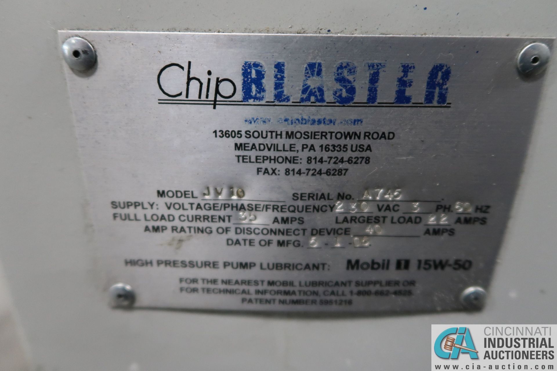 CHIP BLASTER MODEL JV-10 HIGH PRESSURE / HIGH VOLUME COOLANT SYSTEM; S/N A745 (NEW 5-1-2008) - Image 4 of 6