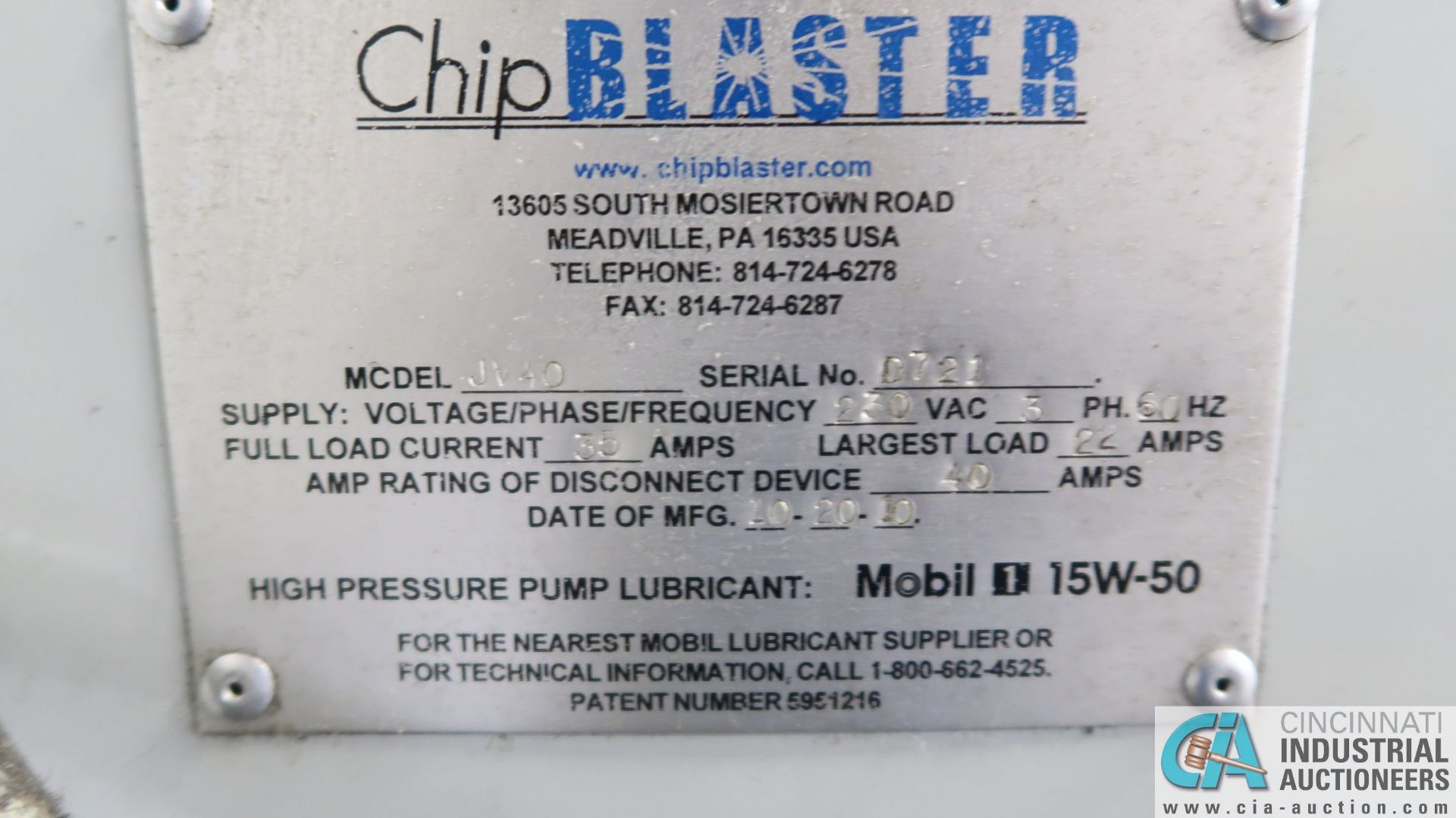 CHIP BLASTER MODEL JV-40 HIGH PRESSURE / HIGH VOLUME COOLANT SYSTEM; S/N D721 - Image 9 of 9