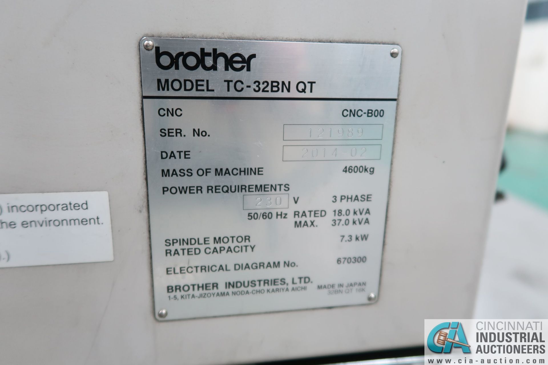 **BROTHER MODEL TC-32BN-QT CNC DRILLING AND TAPPING CENTER; S/N 121989 (2/2014), 40-POS, ATC, 30 - Image 5 of 14
