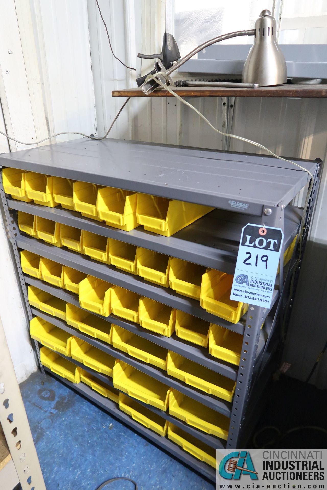 (LOT) UTILITY SHELVING WITH YELLOW BIND AND RUBBERMAID CABINET