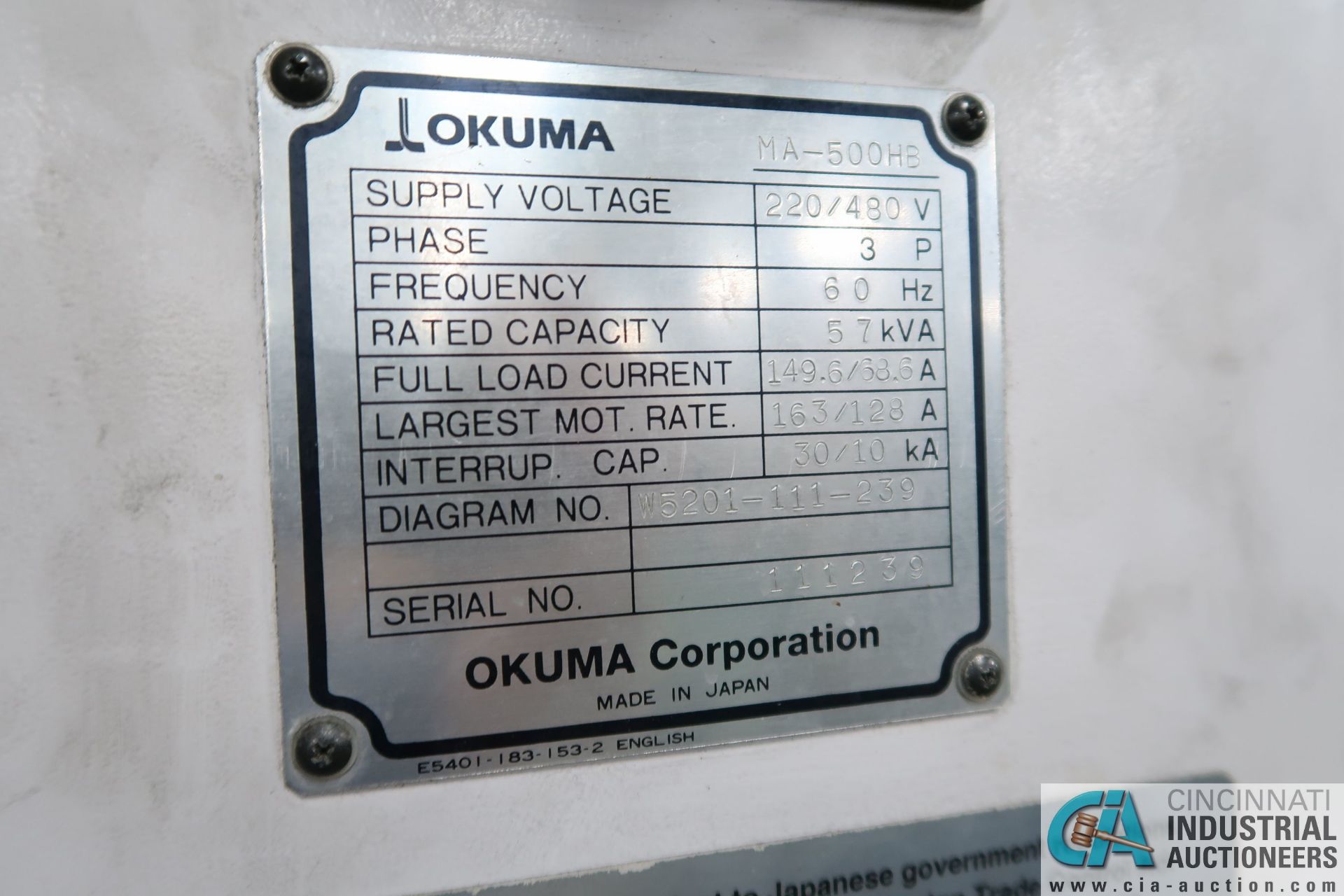 **OKUMA MODEL MA-500HB SPACE CENTER CNC HORIZONTAL MACHINING CENTER; S/N 111239, OKUMA OSP-E100M - Image 6 of 19