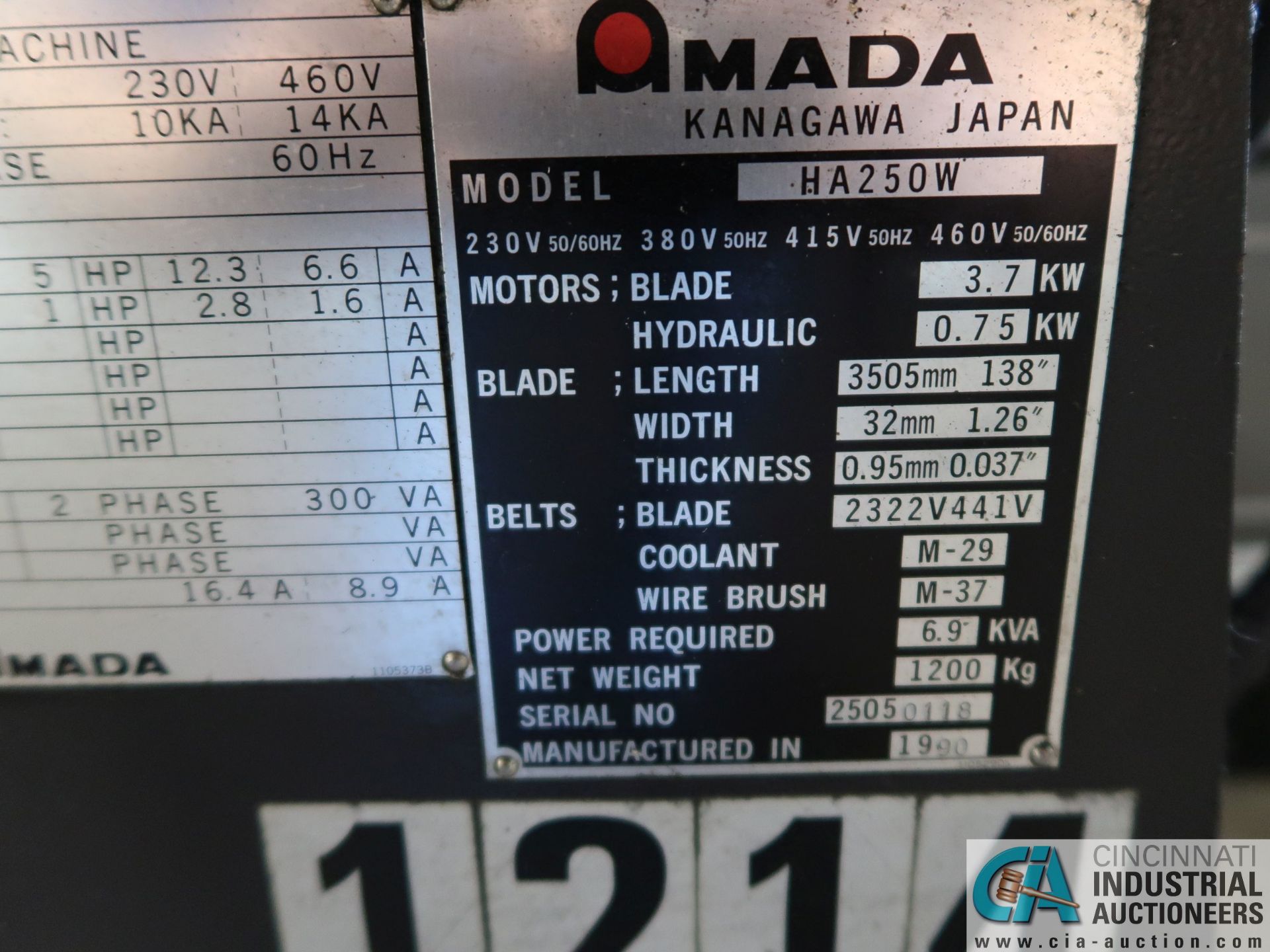 10" X 12" AMADA MODEL HA-250-W HORIZONTAL BAND SAW; S/N 25050118, NEW 1990, AUTO BAR FEED - Image 13 of 13