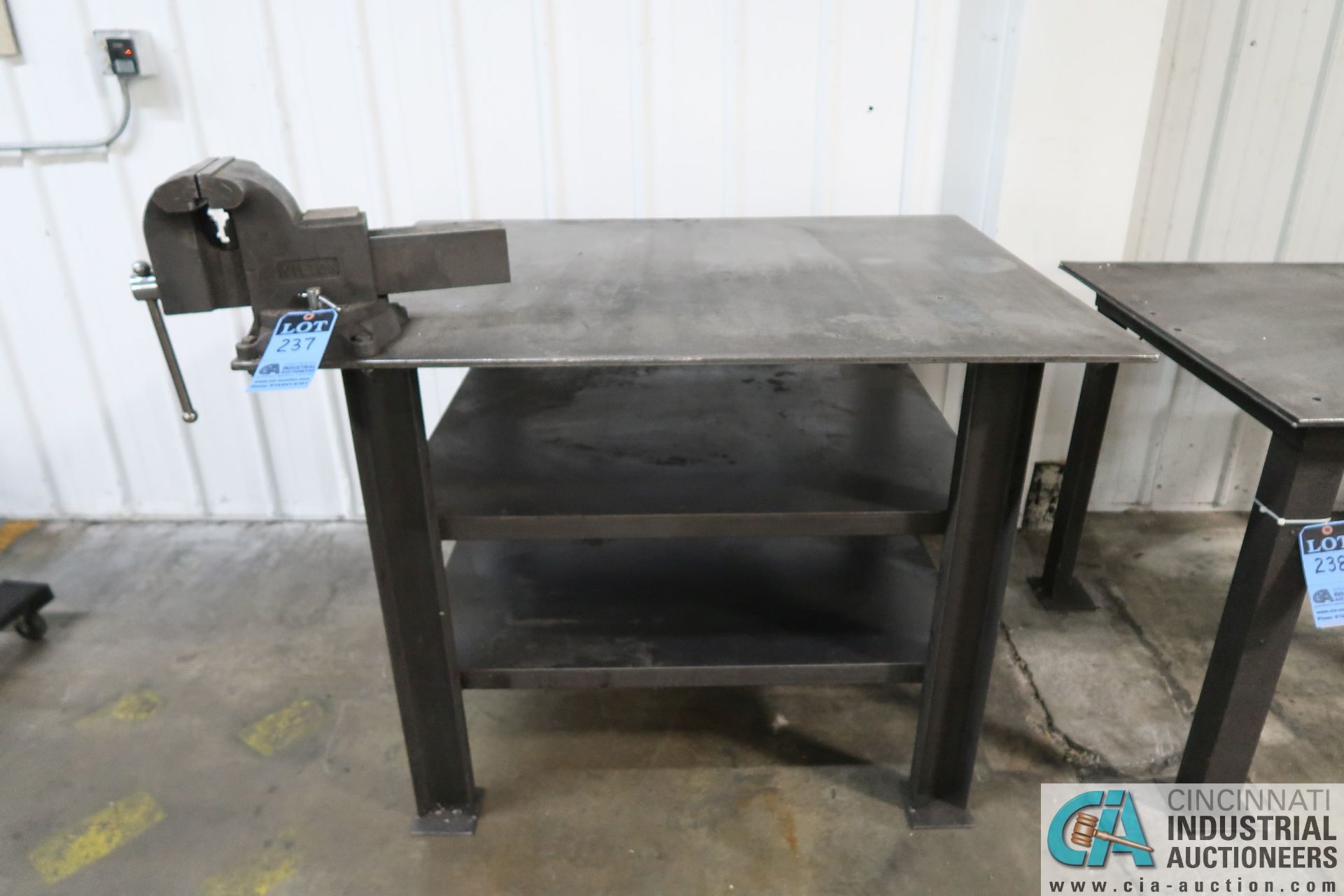 40" X 50" X 37" HIGH X 1/2" THICK HEAVY DUTY SHOP BUILT WELDED STEEL TABLE WITH 8" WILTON MOUNTED - Image 2 of 2