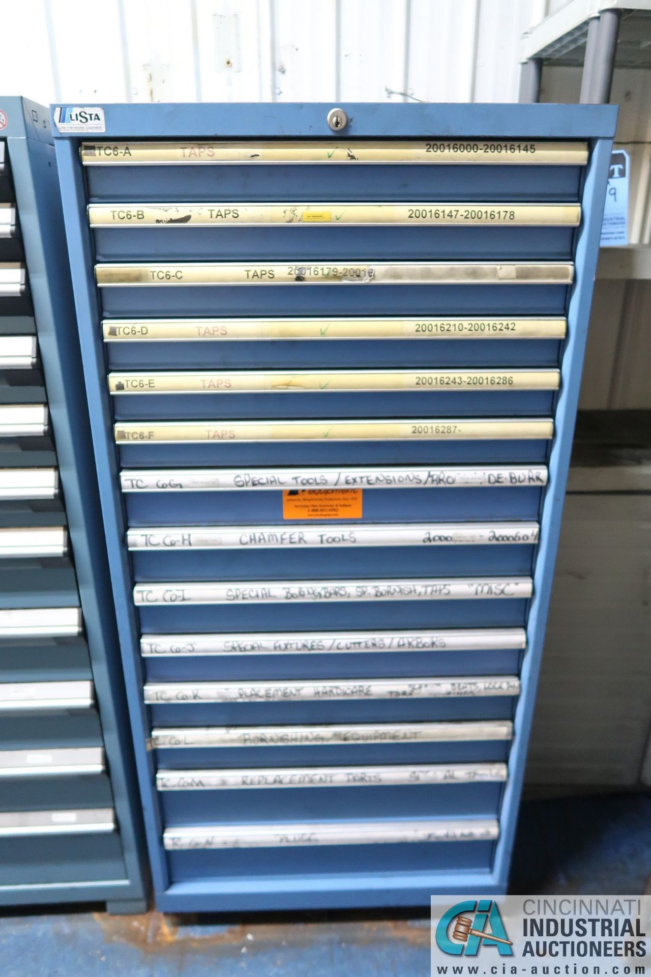 14-DRAWER ROUSSEAU TOOLING CABINET AND CONTENTS WITH CHAMFER TOOLING, HARDWARE PLUGS, AND REPAIR