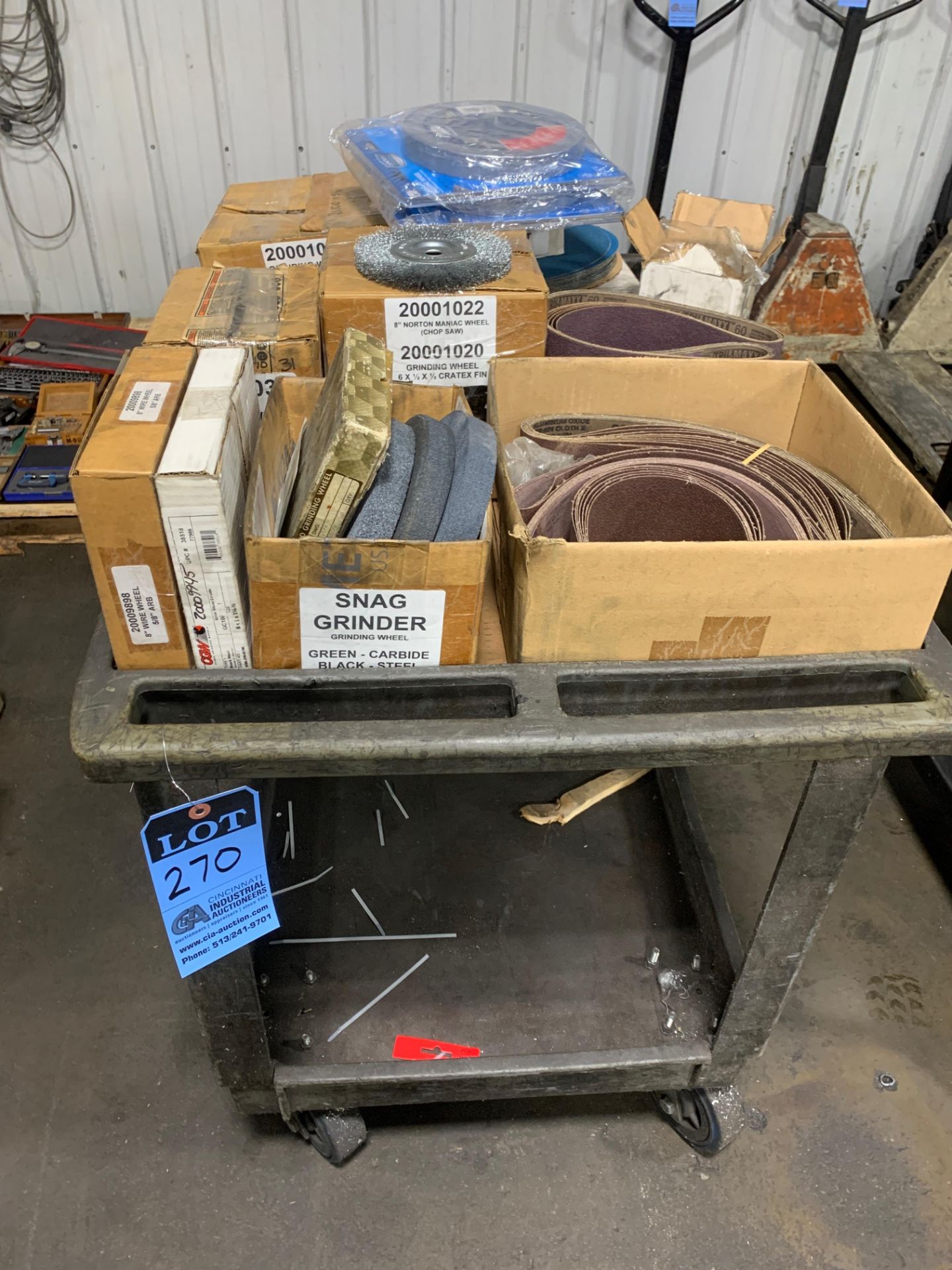 PLASTIC CART W/ SANDING BELTS & GRINDING WHEELS