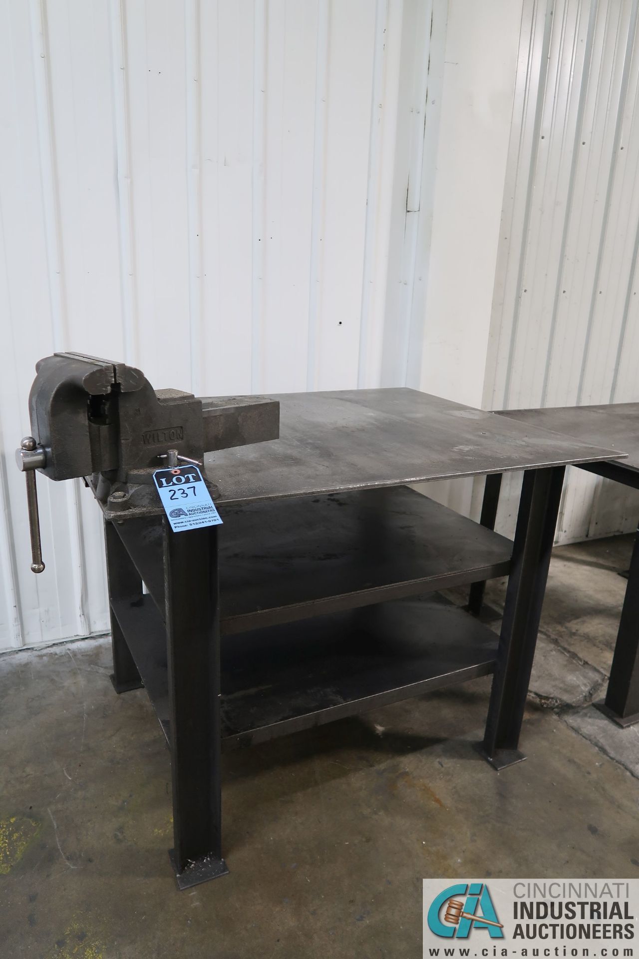 40" X 50" X 37" HIGH X 1/2" THICK HEAVY DUTY SHOP BUILT WELDED STEEL TABLE WITH 8" WILTON MOUNTED