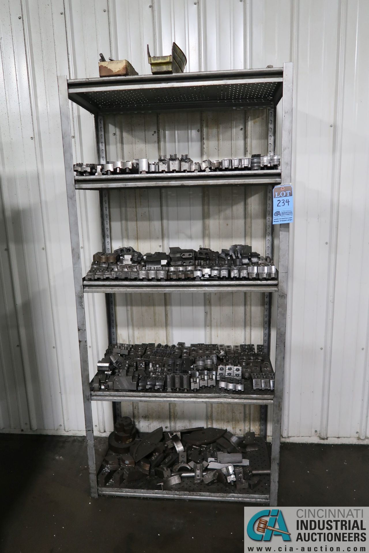 (LOT) MISCELLANEOUS SIZE CHUCK JAWS WITH SHELVING
