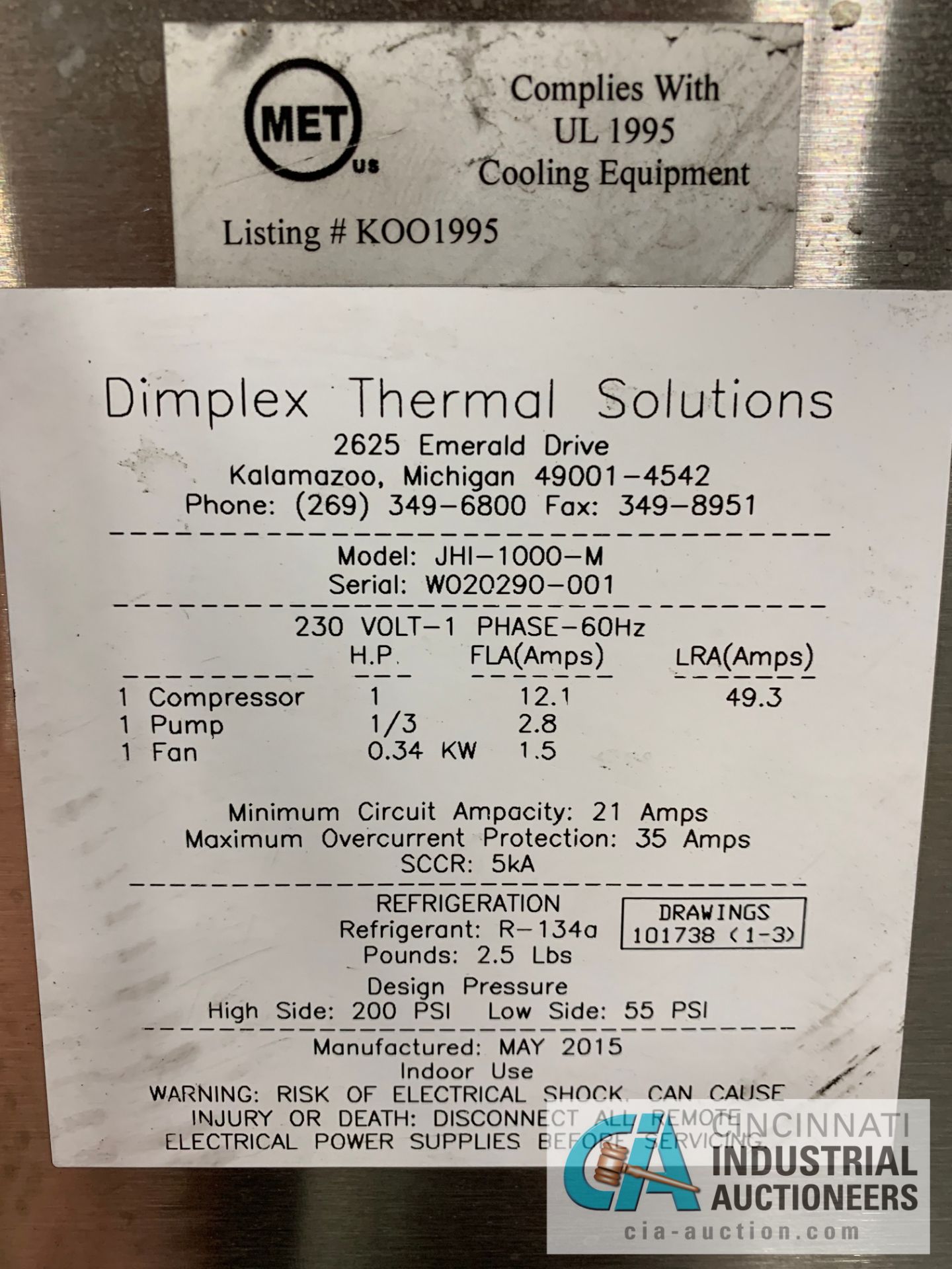 DIMPLEX THERMAL SOLUTIONS MODEL JHI-1000-M KOOLANT KOOLERS CHILLER; S/N W020290-001 (2015) **RIGGING - Image 4 of 6