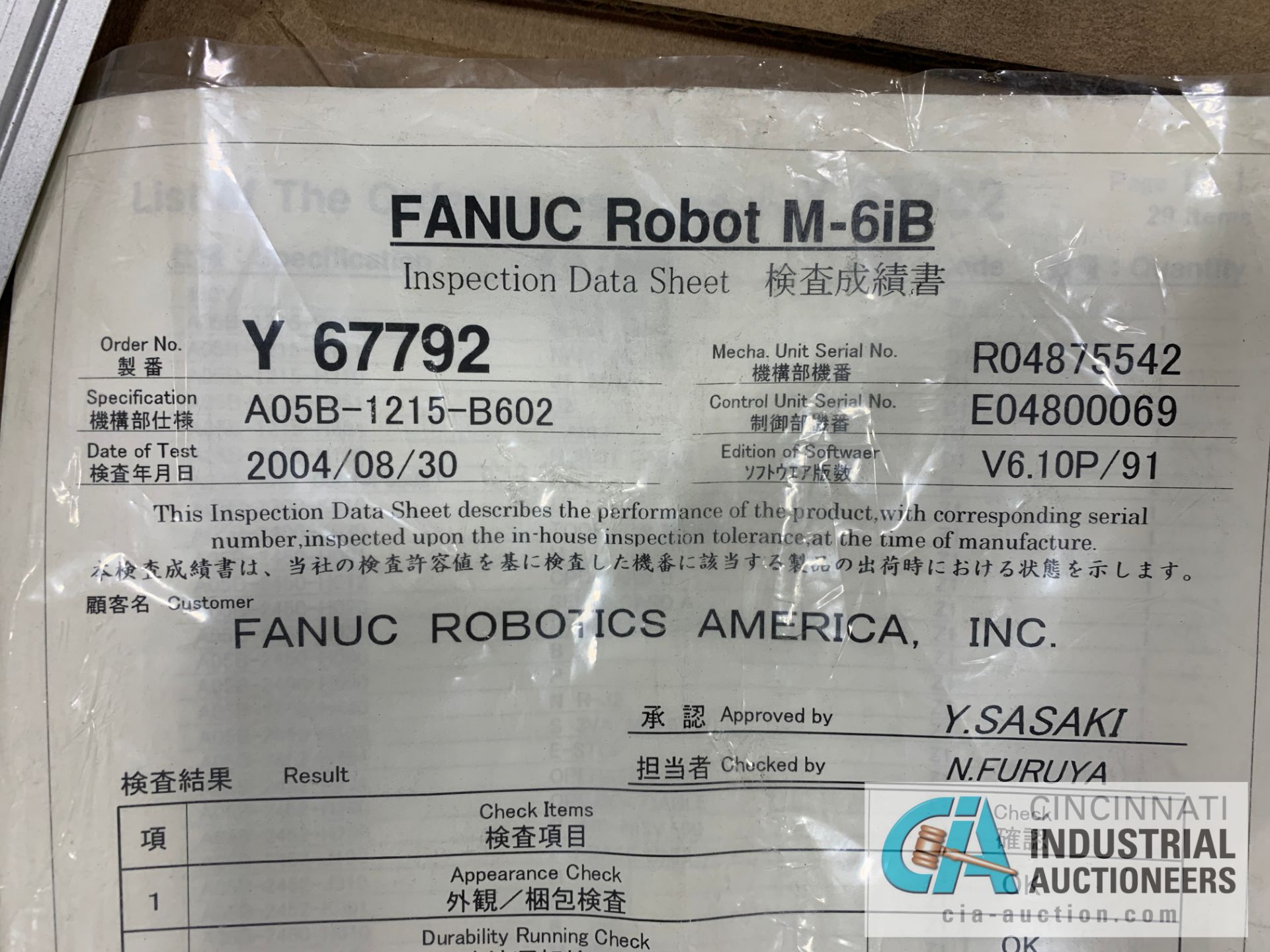 FANUC M6-IB ROBOT; S/N A05B-1215-B602 (2004) WITH FANUC R-J3IB CONTROLLER; S/N E04800069 **RIGGING - Image 7 of 14