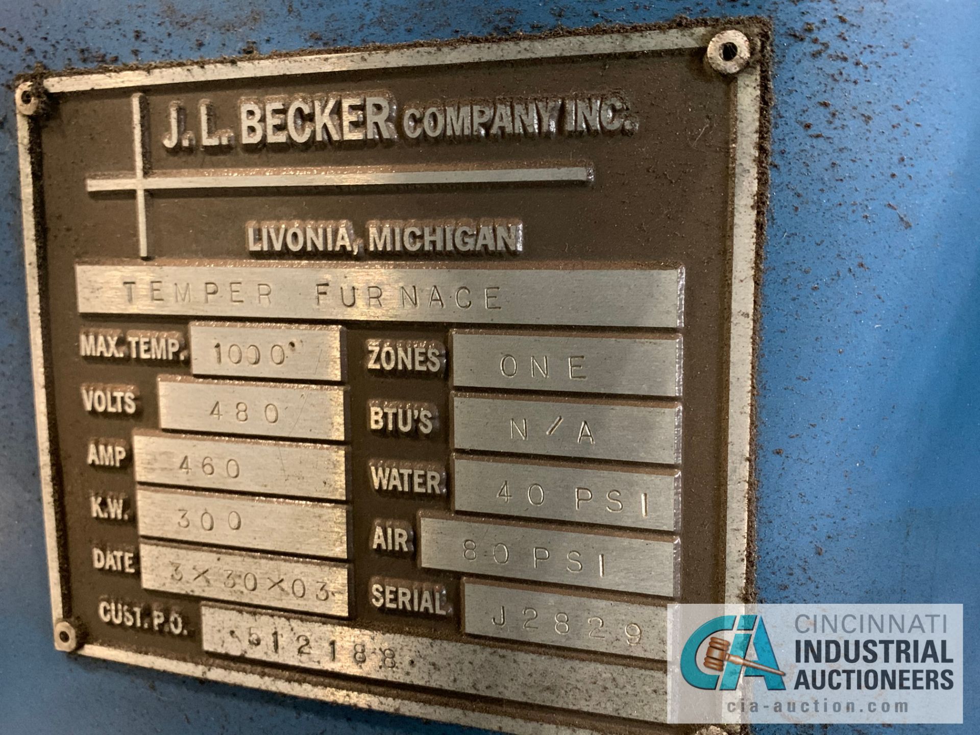 1,000 DEGREE BECKER TEMPER FURNACE; S/N J2829 (DATE 3X30X03) 48" WIDE X 42" HIGH OPENING, - Image 11 of 11