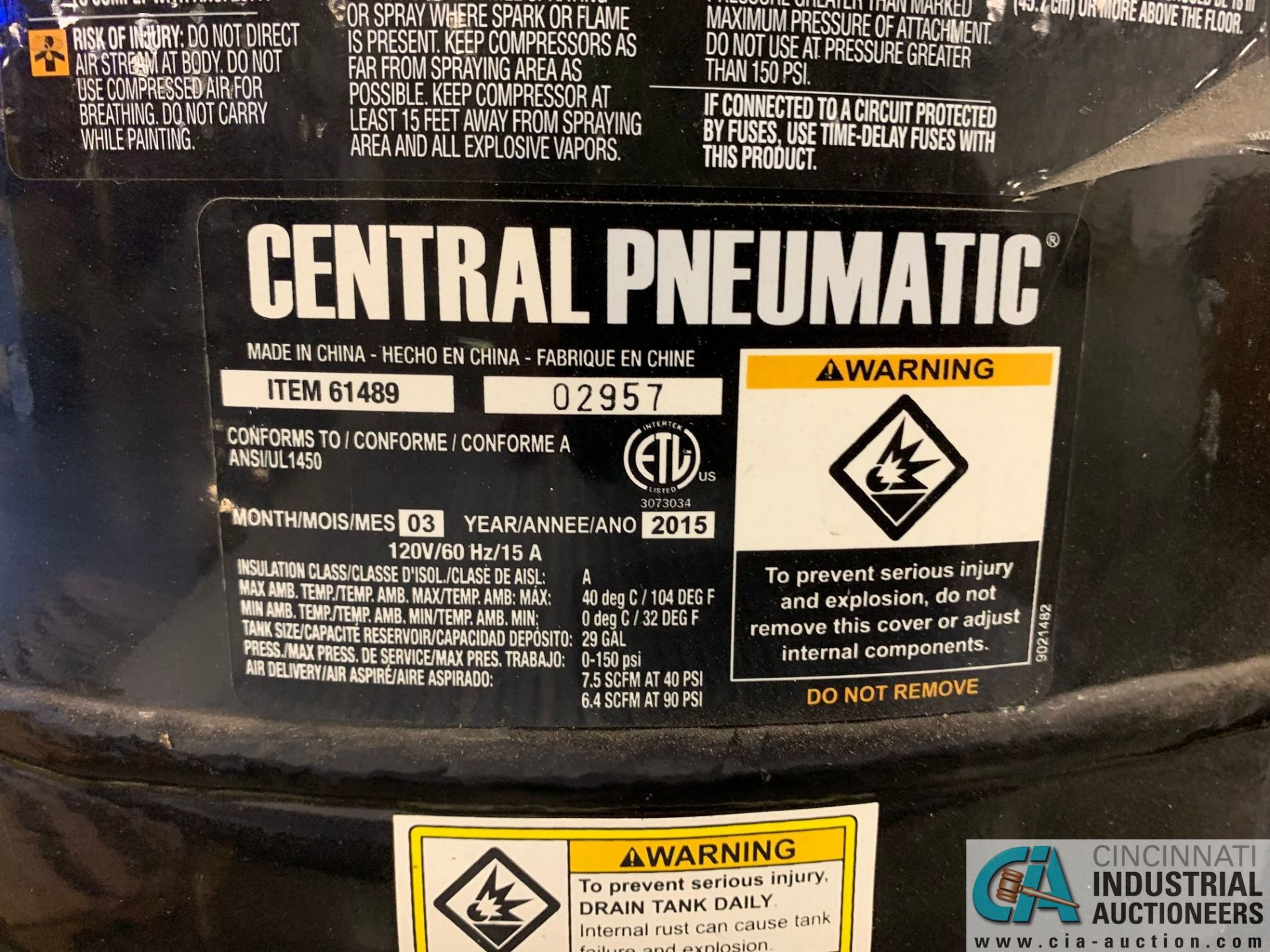 2-HP CENTRAL PNEUMATIC ITEM 61489 AIR COMPRESSOR; S/N 02957, 29-GALLON TANK, 150 MAX PSI (2015) ( - Image 2 of 7