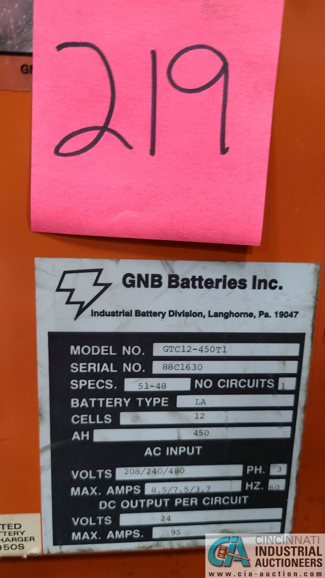 24-VOLT GNB MODEL GTC12-450T1 BATTERY CHARGER; S/N 88C1630 (2570 ORCHARD GATEWAY BLVD., AURORA, IL - Image 3 of 3