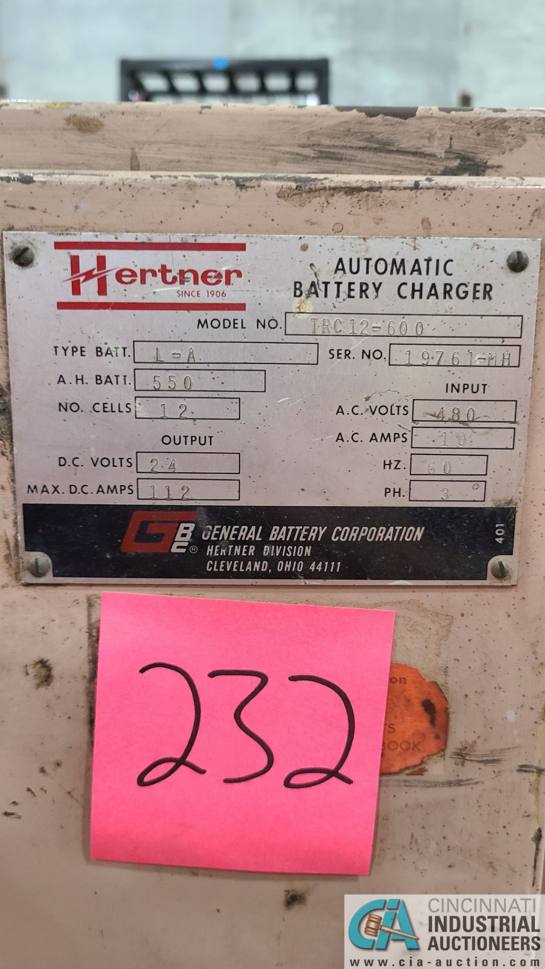 24-VOLT HERTNER MODEL TRC12-600 BATTERY CHARGER; S/N 19761-MH (2570 ORCHARD GATEWAY BLVD., AURORA, - Image 3 of 3