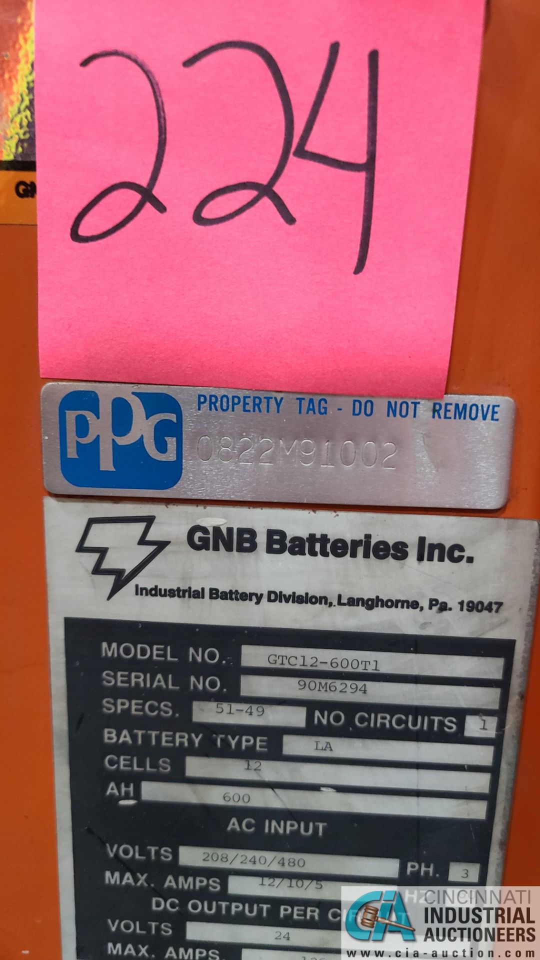 24-VOLT GNB MODEL GTC12-450T1 BATTERY CHARGER; S/N 90M6294 (2570 ORCHARD GATEWAY BLVD., AURORA, IL - Image 3 of 3