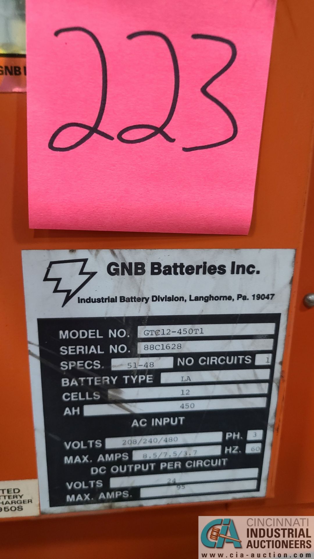 24-VOLT GNB MODEL GTC12-450T1 BATTERY CHARGER; S/N 88C1628 (2570 ORCHARD GATEWAY BLVD., AURORA, IL - Image 3 of 3