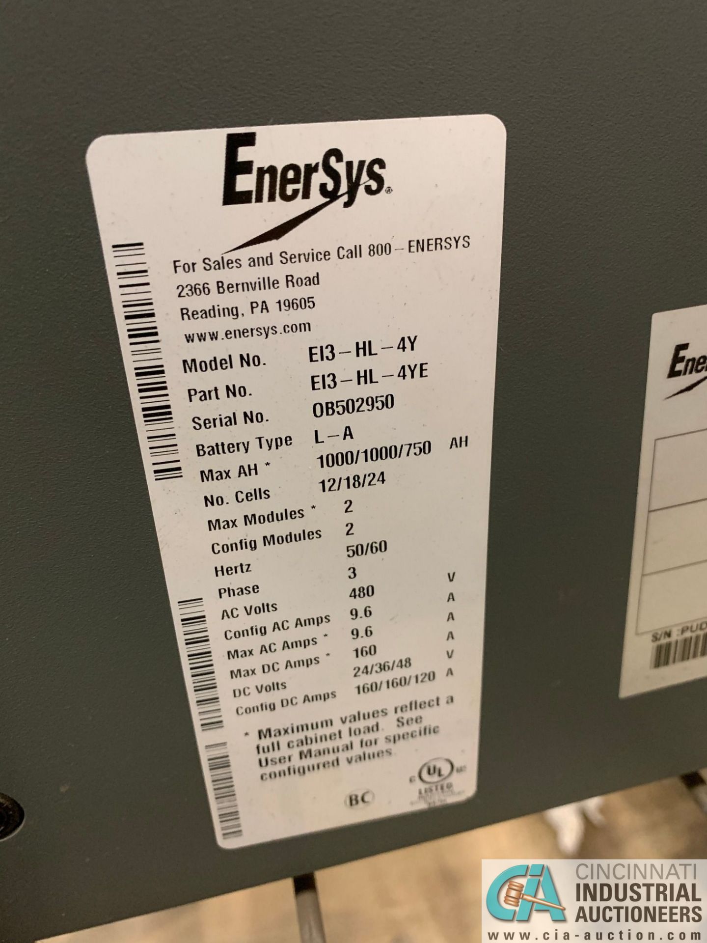 24-VOLT ENERSYS MODEL EI3-HL-4Y BATTERY CHARGER; S/N OB502950 (OUT OF SERVICE (5400 OAKLEY - Image 2 of 3