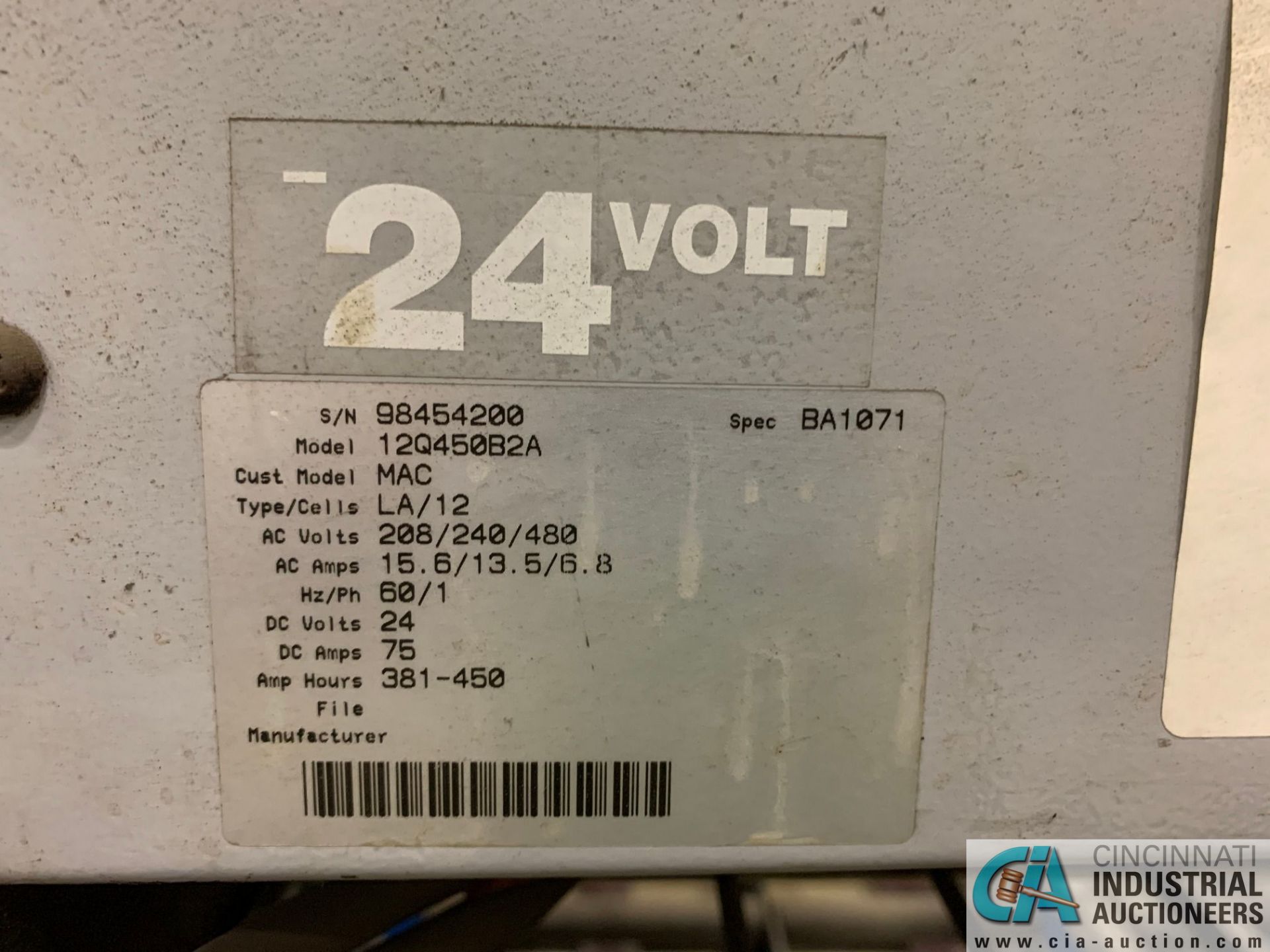 24-VOLT QUANTUM MODEL 12Q450B2A BATTERY CHARGER; S/N 98454200 (5400 OAKLEY INDUSTRIAL BLVD., - Image 2 of 3