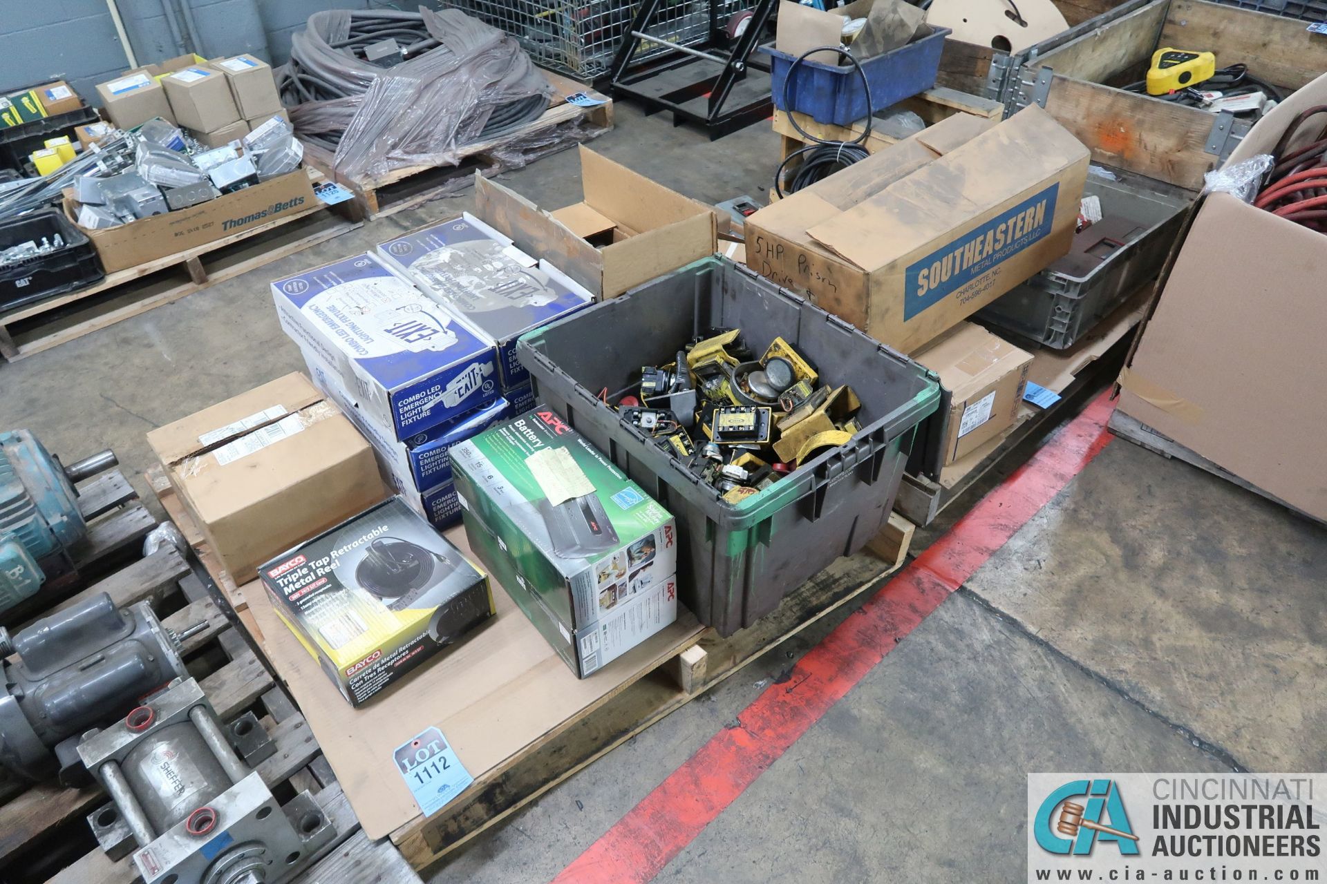 SKIDS MISC. ELECTRICAL INCLUDING WIRE REEL, PUSH BUTTONS, EXIT SIGNS, STARTERS, MOTOR, DRIVES