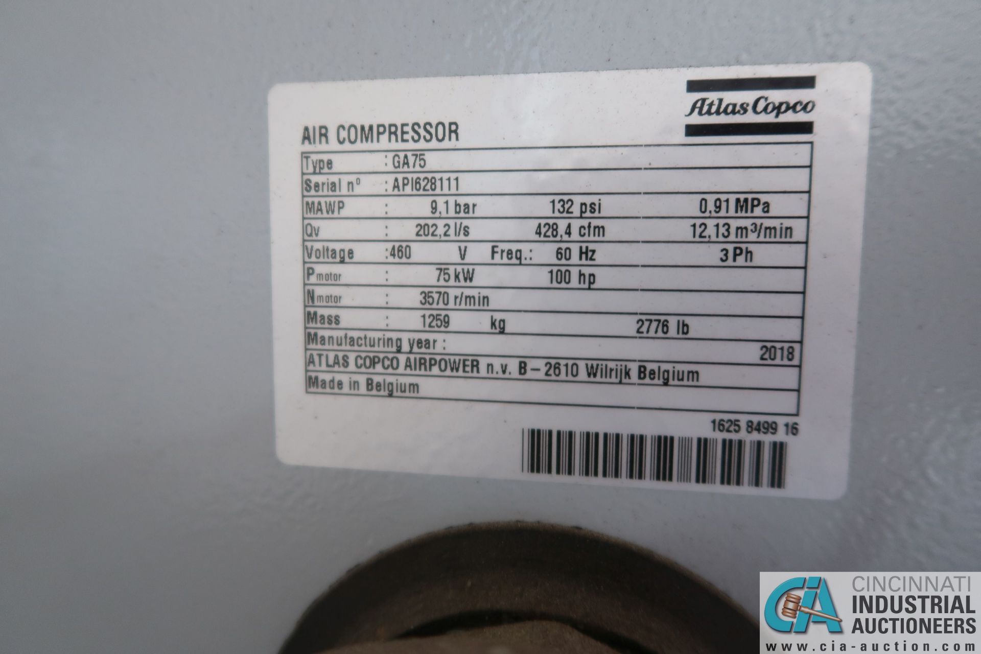 100 HP ATLAS COPCO MODEL GA75 AIR COMPRESSOR; S/N AP1628111, 132 PSI (NEW 2018) NEVER PUT IN - Image 4 of 4