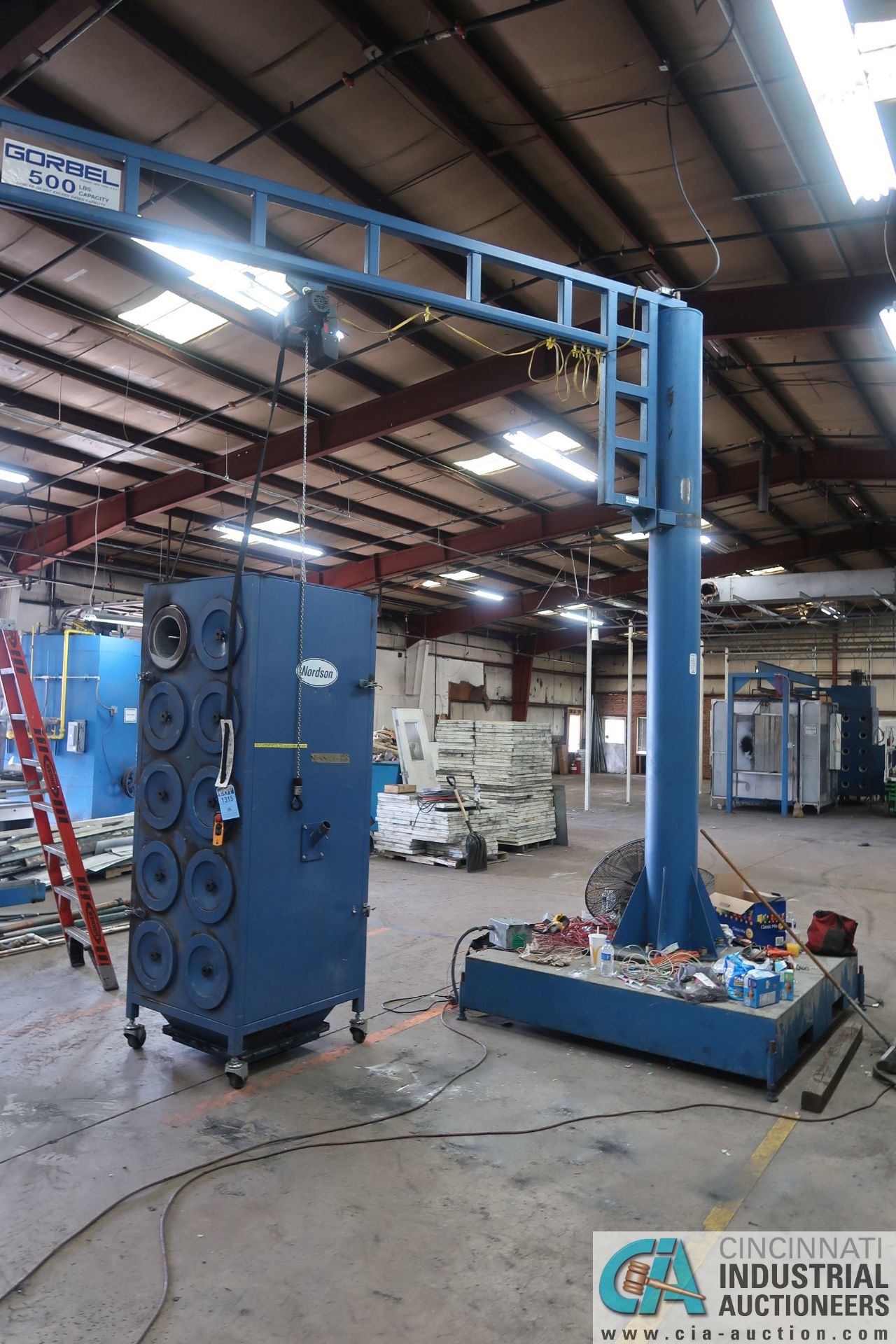 500 LB X 12' ARM GORBEL FLOOR TYPE JIB CRANE WITH 500 LB. DEMAG ELECTRIC CHAIN HOIST