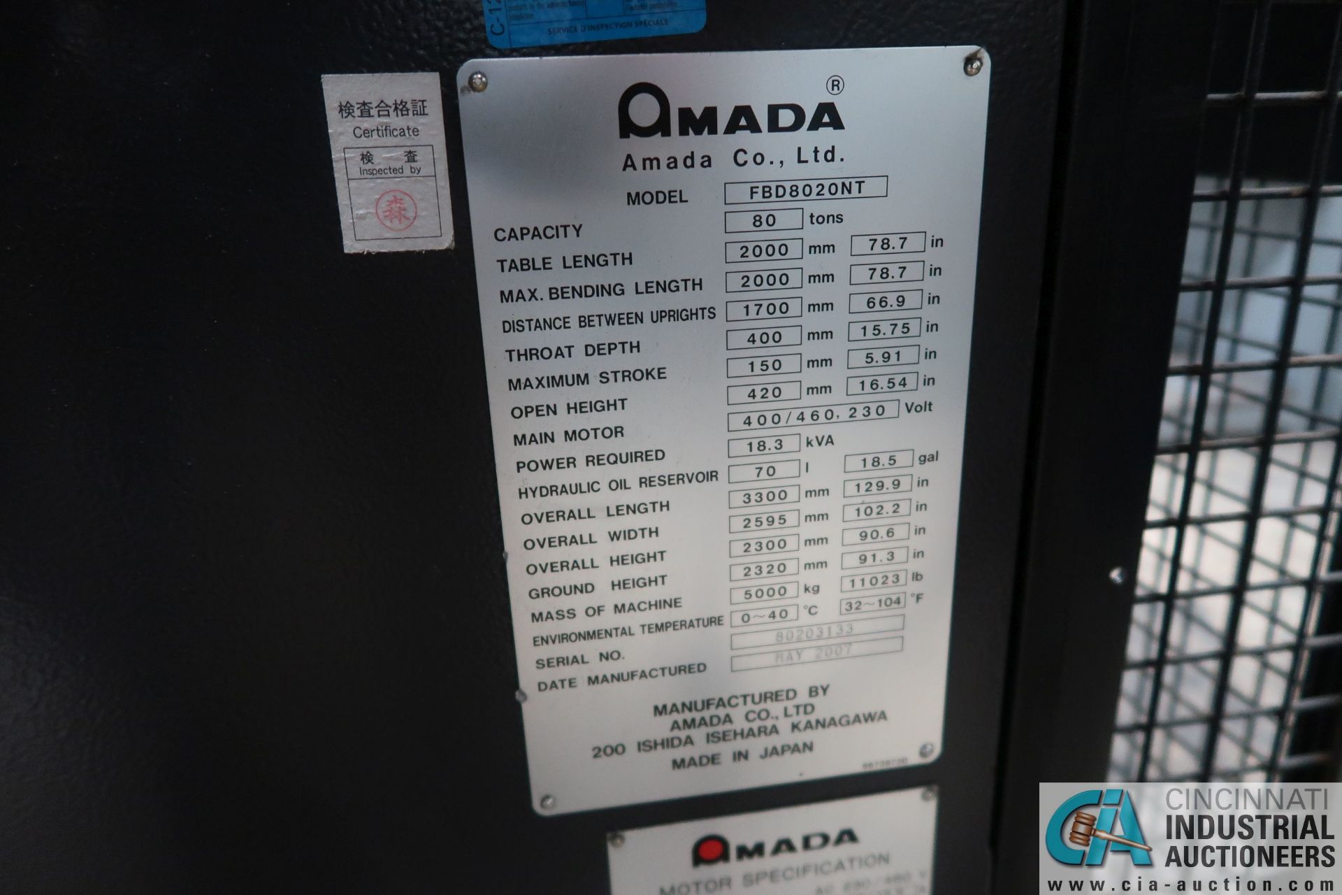88 TON X 78" AMADA FBD-8020NT CNC PRESS BRAKE; S/N 80203133, BACK GAGE (2007) - Image 5 of 12