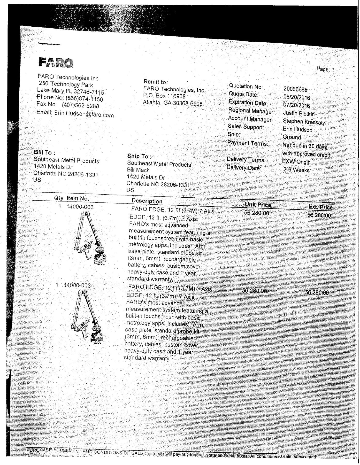 FARO EDGE 7-AXIS PORTABLE CMM W/ FARO LASER LINE PROBE HD; S/N E12-05-16-14352, TOUCH SCREEN, BASE - Image 12 of 14