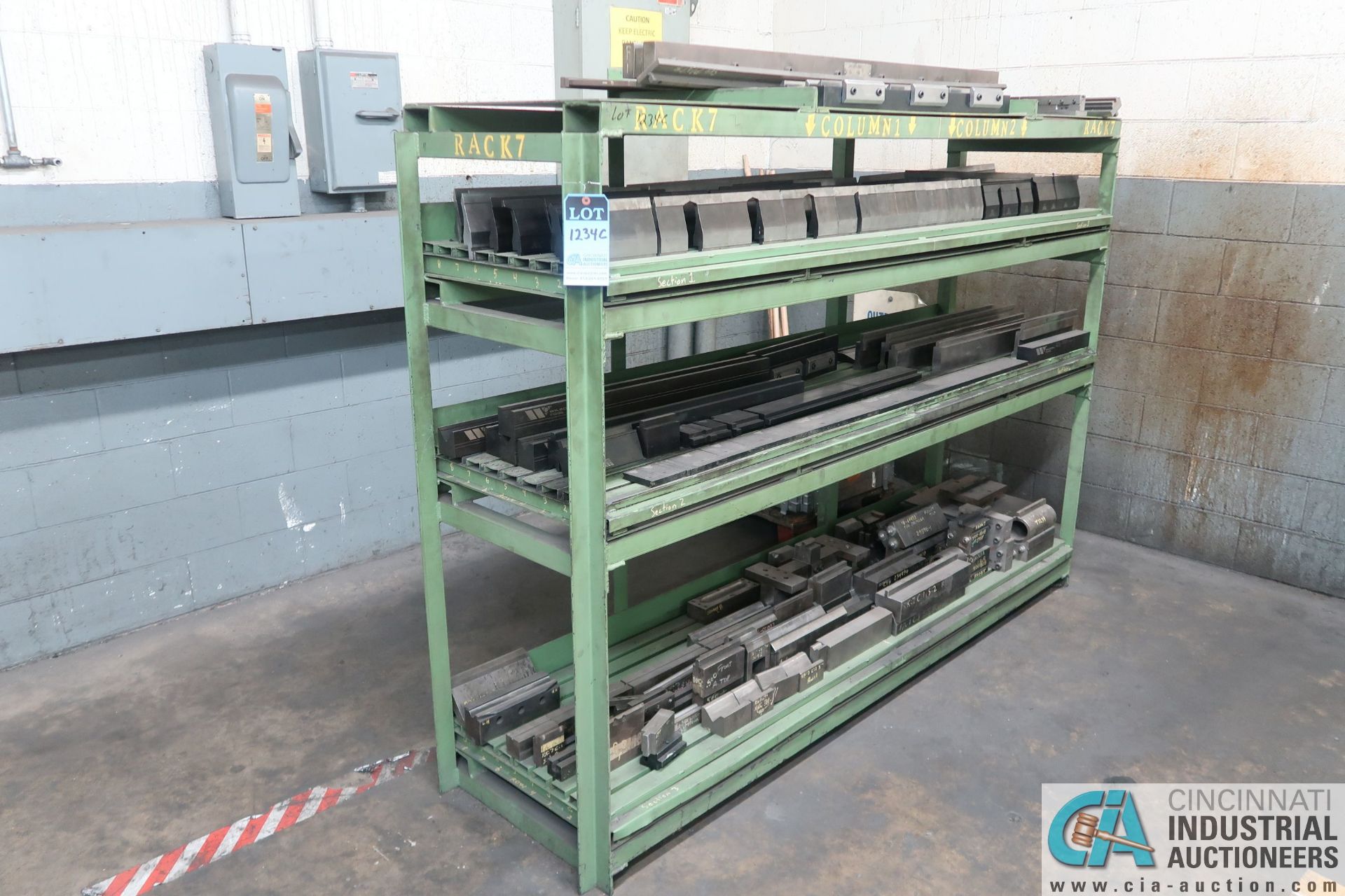 (LOT) (155) PRESS BRAKE DIES, PUNHCES AND FIXTURE3S WITH RACK