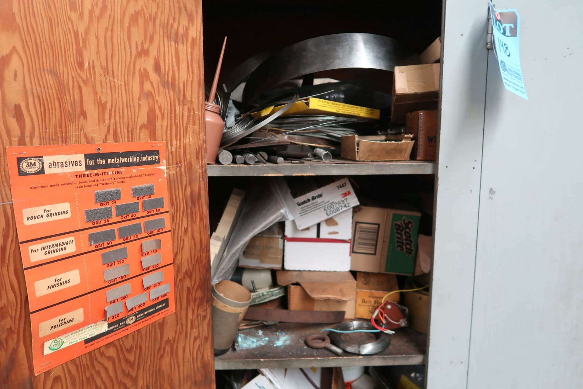 (LOT) CONTENETS OF WOOD CABINET INCLUDING SHIMS, BELTS, DRILLS, WIRE BRUSH WHEELS, HARDWARE - Image 4 of 5