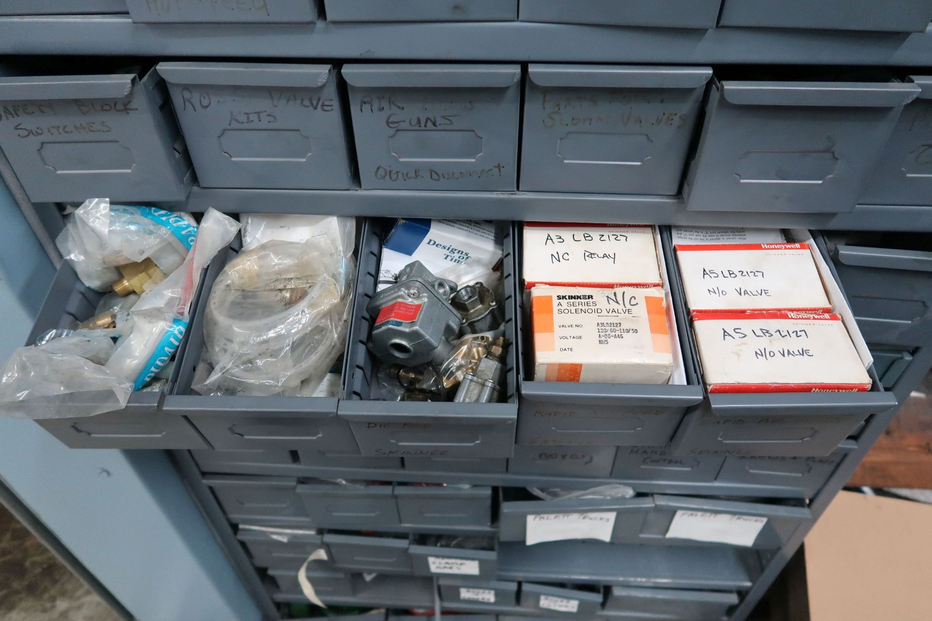 42-DRAWER CABINET W/ MISC. MACHINE PARTS, HARDWARE, WHEELS, SWITCHES, COVERS, TOOLING - Image 4 of 6