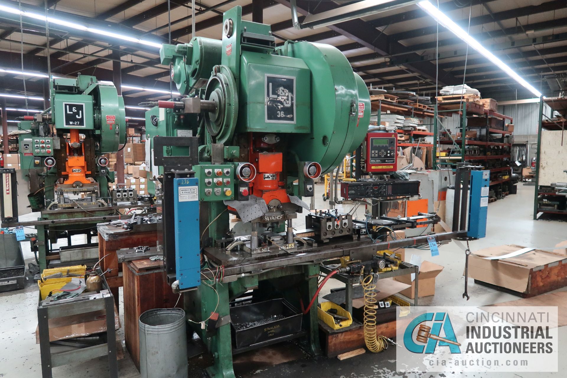 36 TON L&J NO 36 FLYWHEEL TYPE OBI PRESS; S/N 42269A, 3" STROKE, 3" ADJUST, 9-5/8" SHUT HEIGHT ON