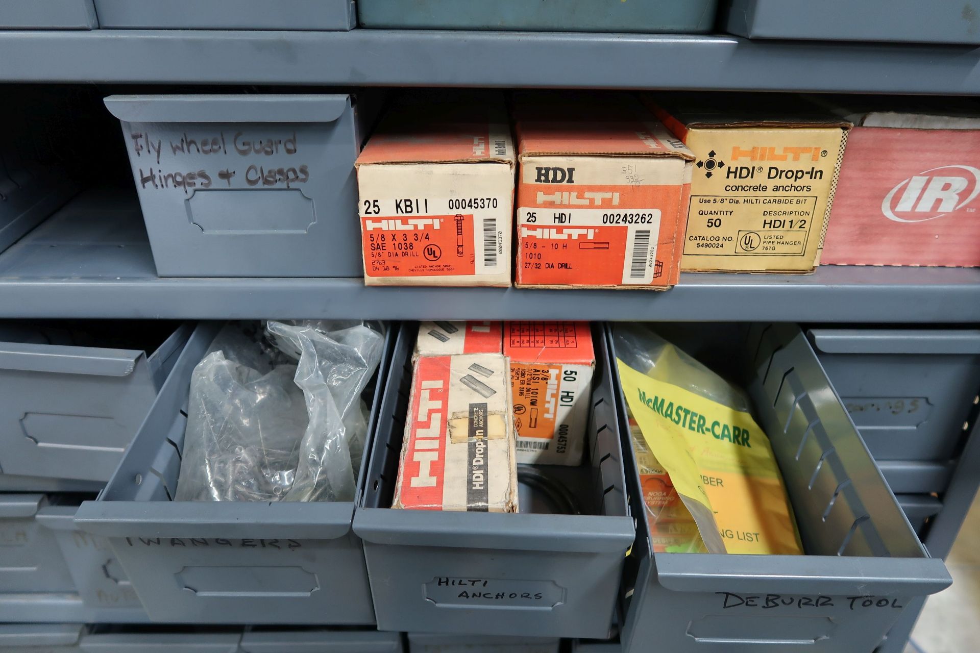 42-DRAWER CABINET W/ MISC. MACHINE PARTS, HARDWARE, WHEELS, SWITCHES, COVERS, TOOLING - Image 2 of 6