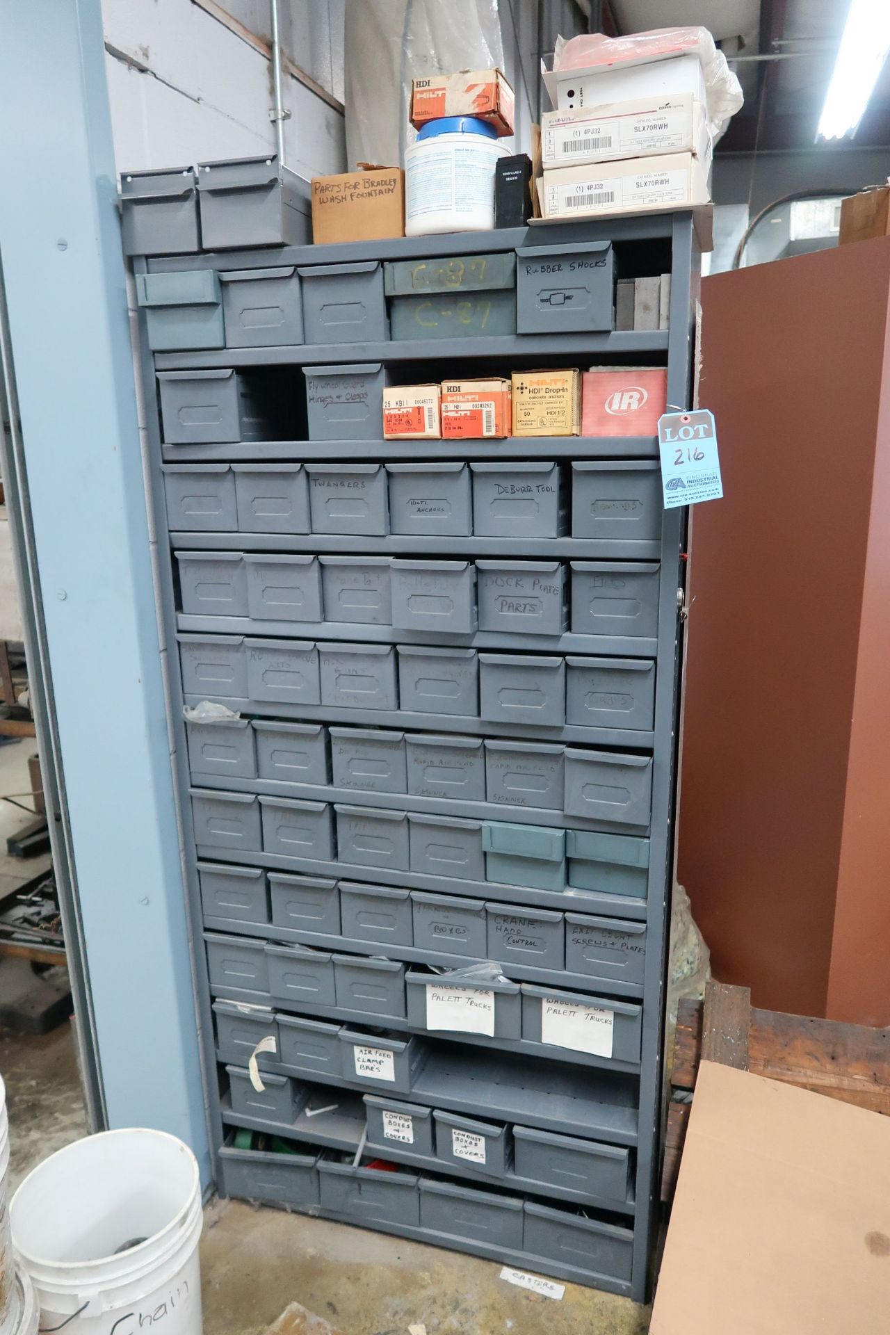 42-DRAWER CABINET W/ MISC. MACHINE PARTS, HARDWARE, WHEELS, SWITCHES, COVERS, TOOLING