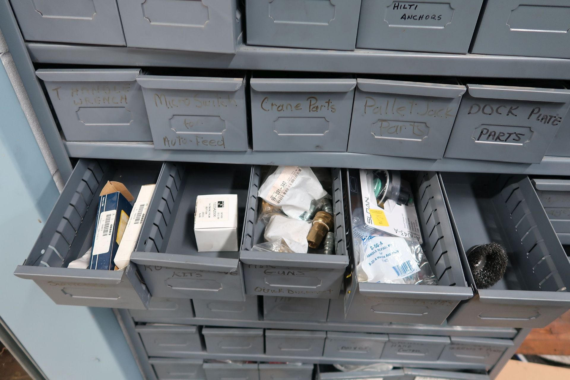 42-DRAWER CABINET W/ MISC. MACHINE PARTS, HARDWARE, WHEELS, SWITCHES, COVERS, TOOLING - Image 3 of 6