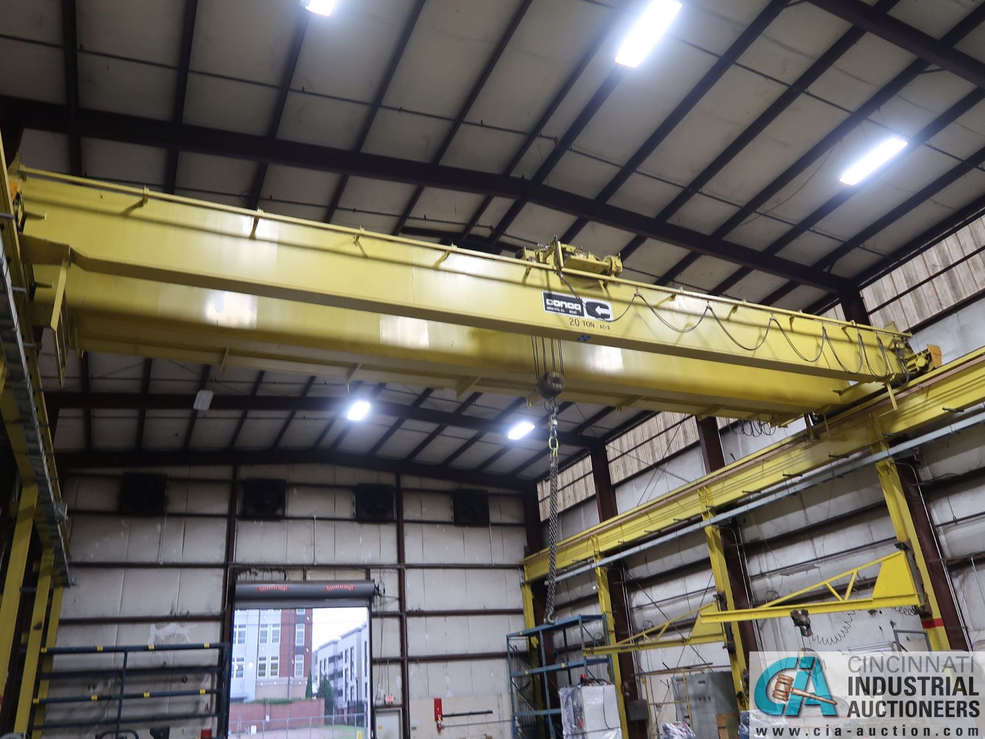 20 TON X 56' (APPROX.) SPAN DOUBLE GIRDER TOP RUNNING OVERHEAD BRIDGE CRANE; S/N 9160, RADIO REMOTE - Image 2 of 9