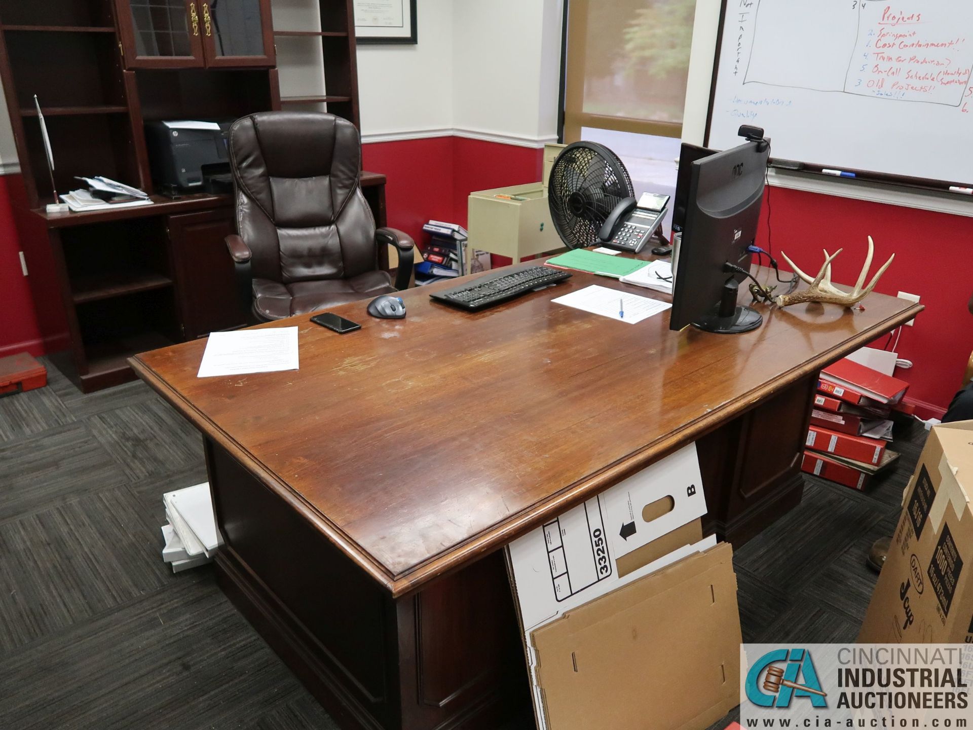 REMAINING CONTENTS OF OFFICE INCLUDING DESK, BOOKSHELF AND CREDENZA